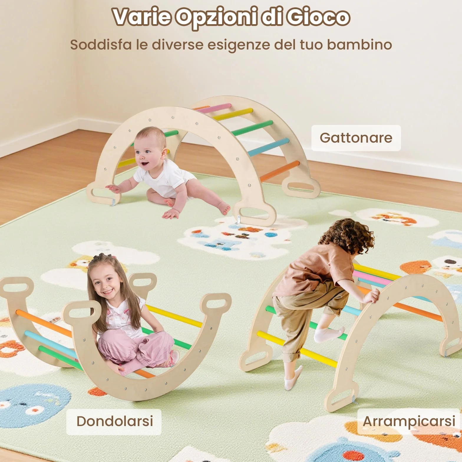 RELAX4LIFE 4 in 1 Triangolo da Arrampicata con Scivolo per Bambini, Arco da Arrampicata e Scala per Arrampicarsi in Legno, Montessori Giocattoli Bimbi 2 3 4 5 Anni (Colorato)