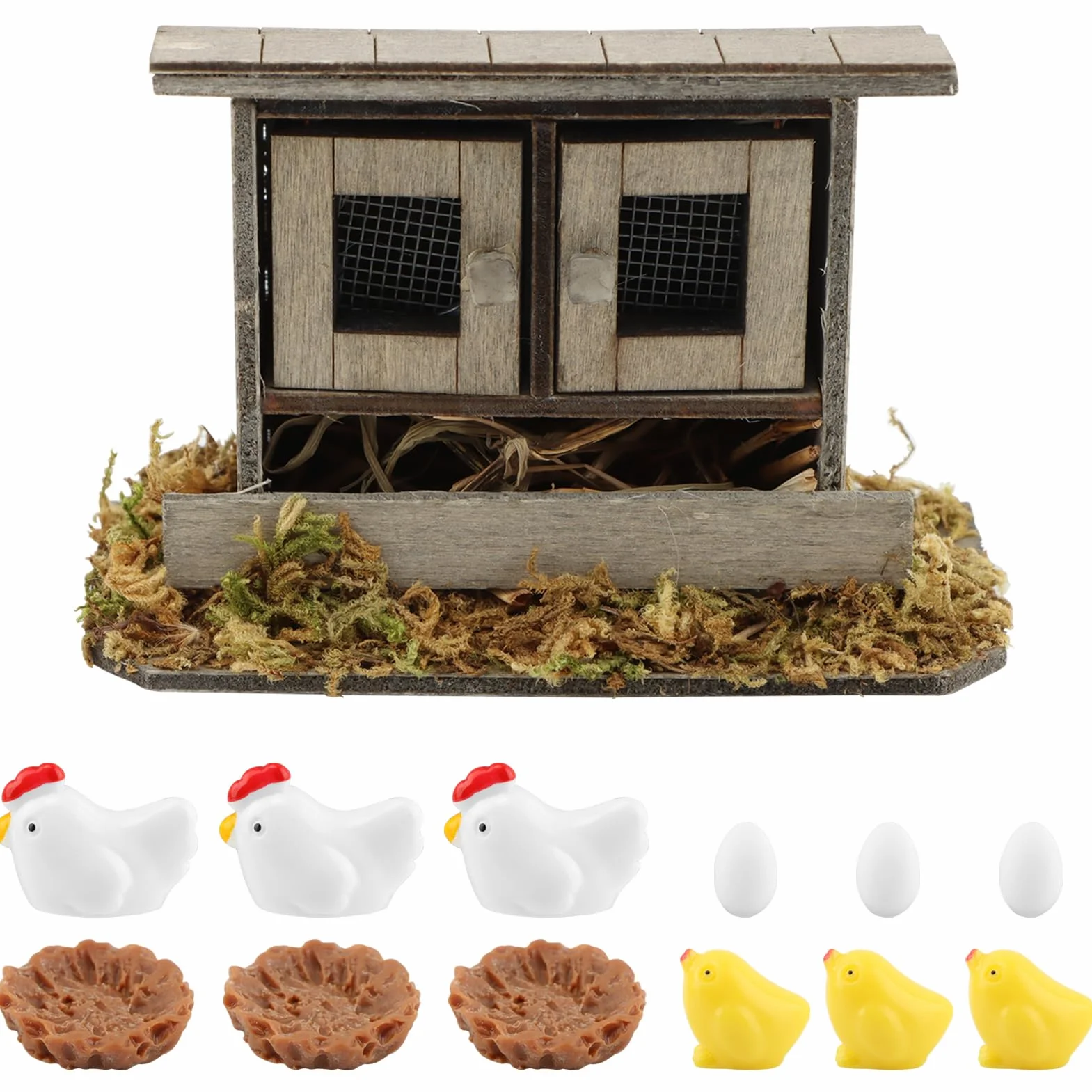 Set di pollai in miniatura, 13 pezzi, in legno, con galline, pulcini, uova e nidi, decorazione per giardini fatati, mini paesaggi fai da te e decorazioni per la casa