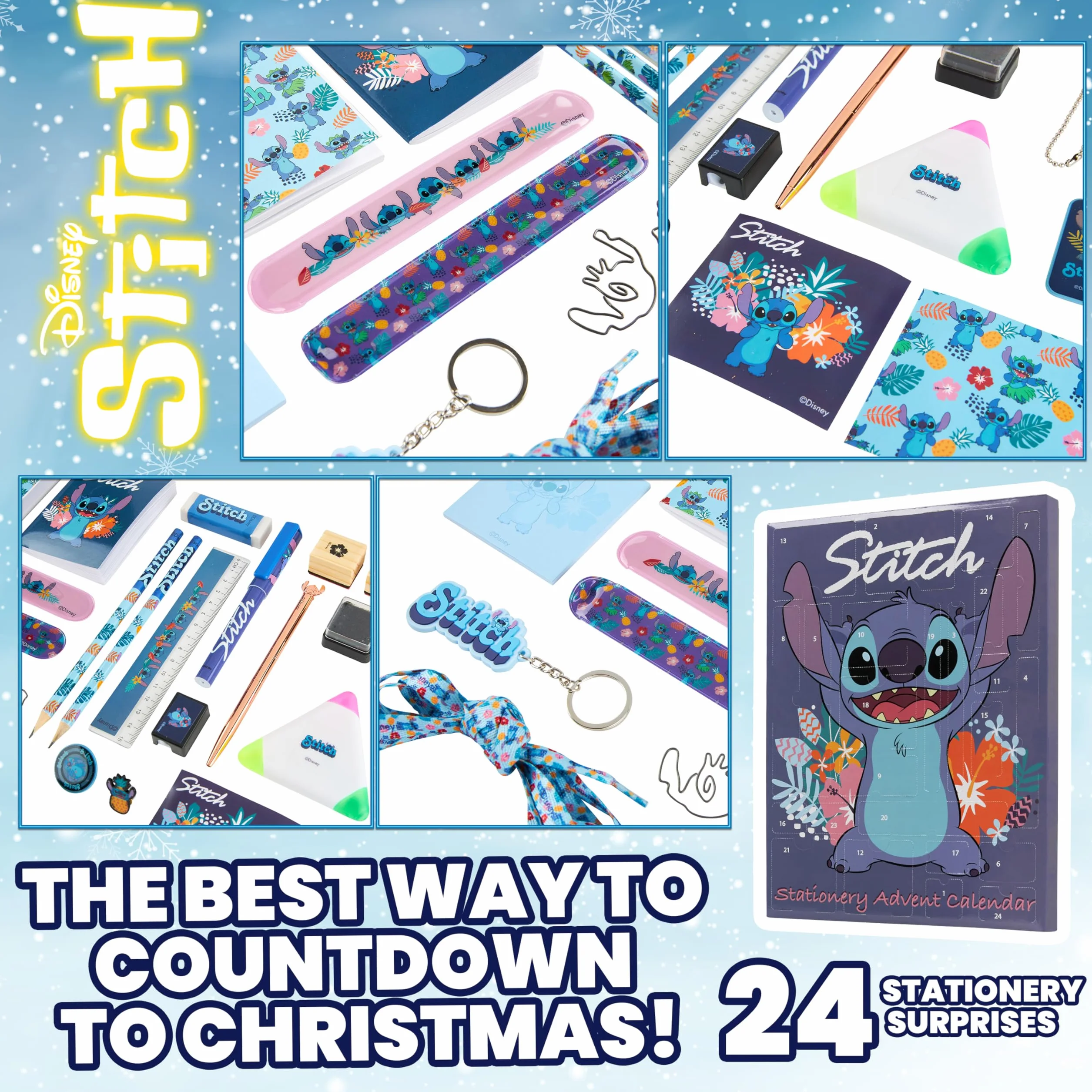 Disney Stitch Calendario Avvento 2025 Cancelleria e Accessori Countdown Natale Calendari Avvento 24 Sorprese Collana Portachiavi Penna Braccialetti (Blu Stitch Cancelleria)