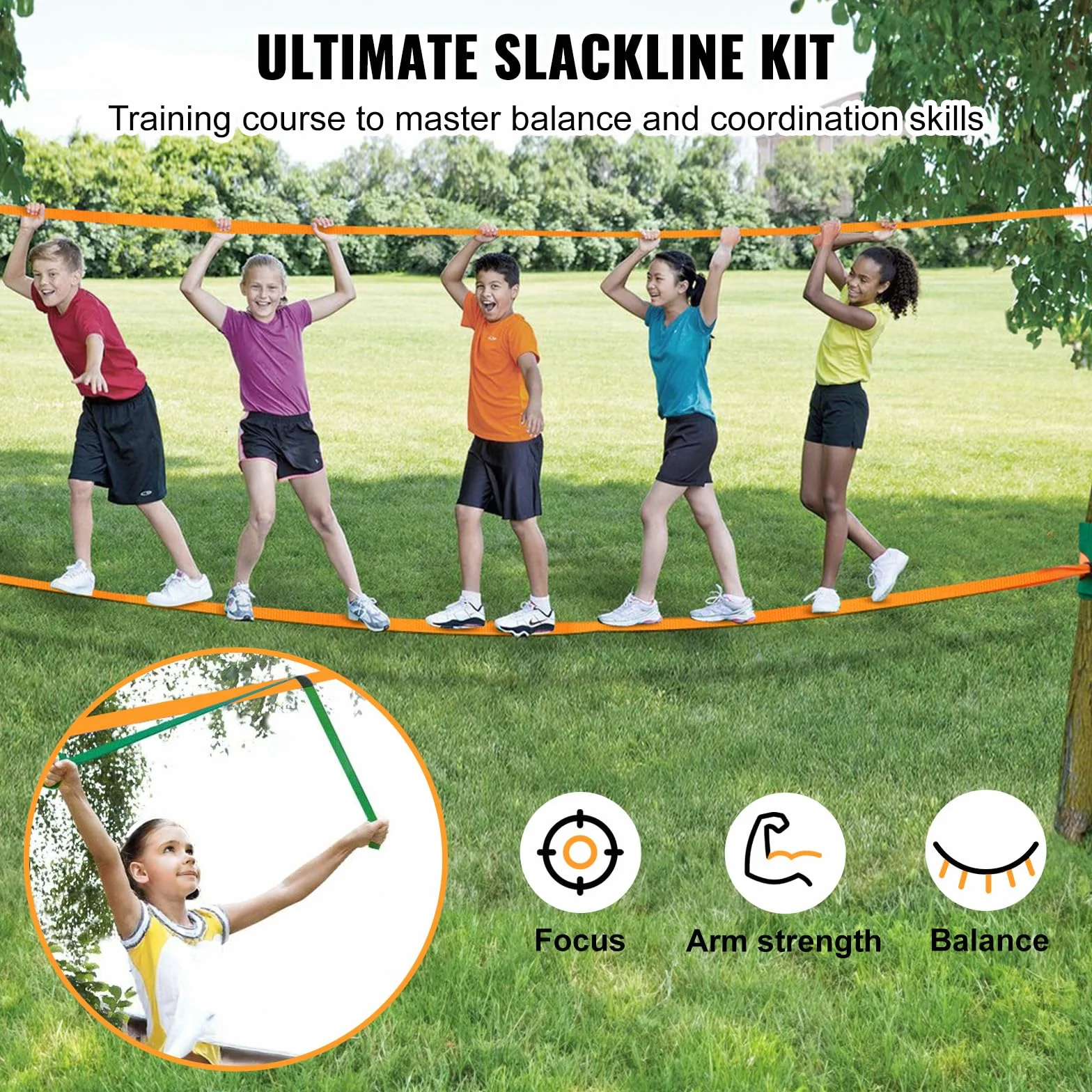 VEVOR Kit Slackline con linea di allenamento, attrezzatura da 18,3 m per il cortile, corda stretta facile da installare per bambini e adulti, set completo Slackline con protezioni per alberi
