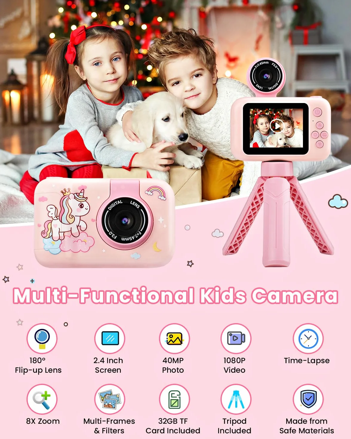 Fotocamera Bambini 1080P Digitale Unicorno Treppiede Display IPS 2.4" Obiettivo Rotante 180° 32GB Regalo Natale Compleanno