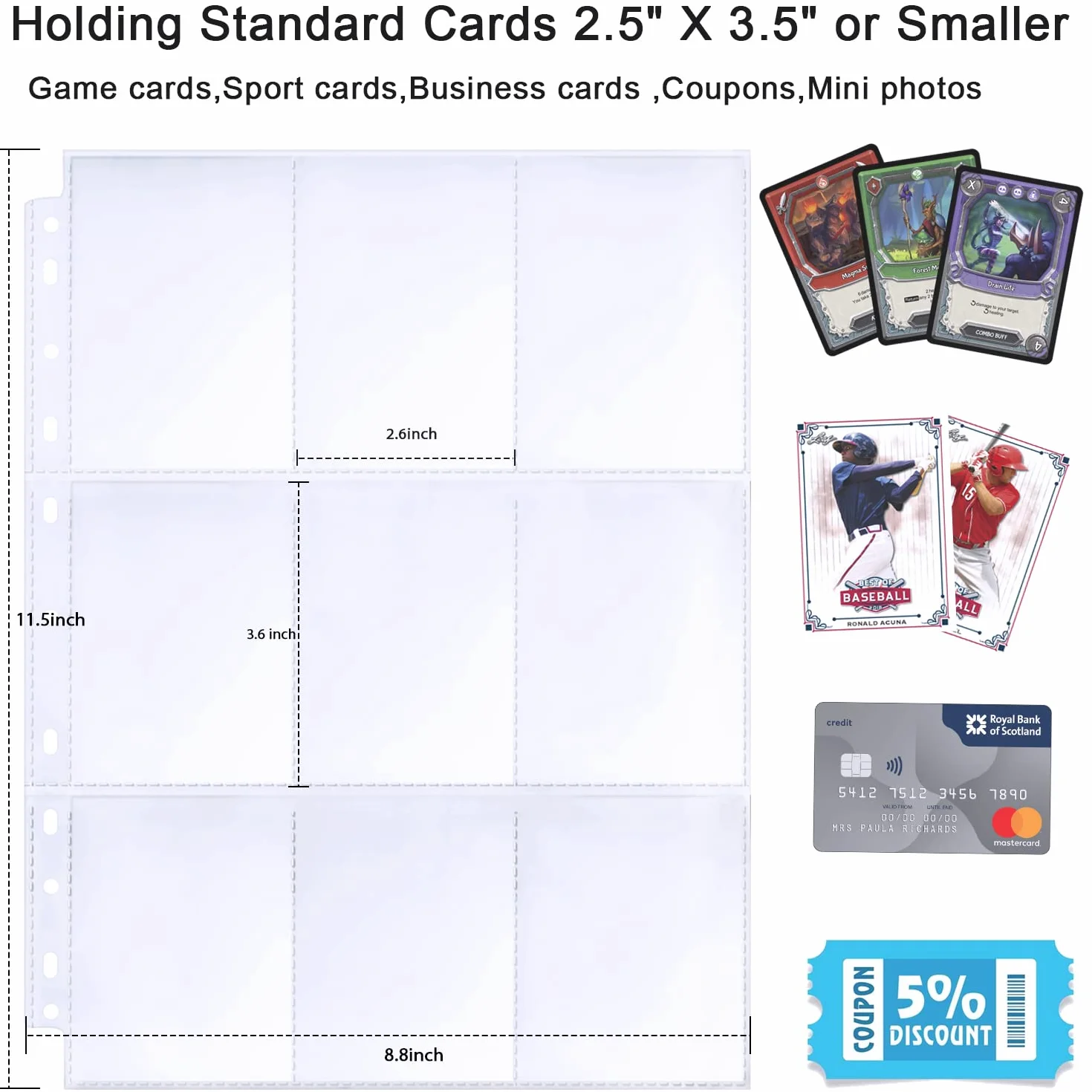 540 Buste per Carte da Collezione, Doppio Lato 9 Sacchetti, Fogli di Carte Ultra Trasparenti 11 Fori per Raccoglitore ad Anelli 2/3/4, Buste per Carte da Gioco, Carte di Calcio