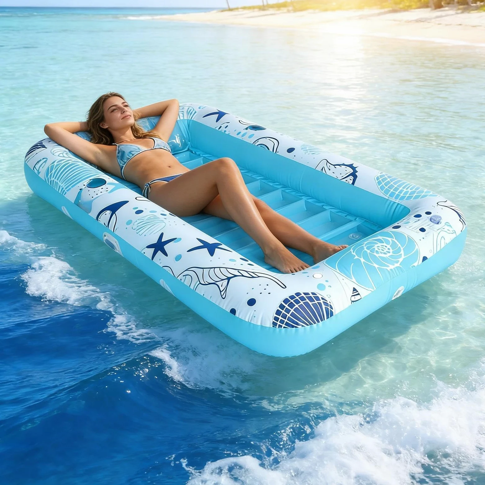 Galleggiante per piscina, zattere da piscina, lettino ricreativo in acqua con portabicchieri, zattera per prendere il sole per vacanze resort spiaggia lago estate adulti famiglie