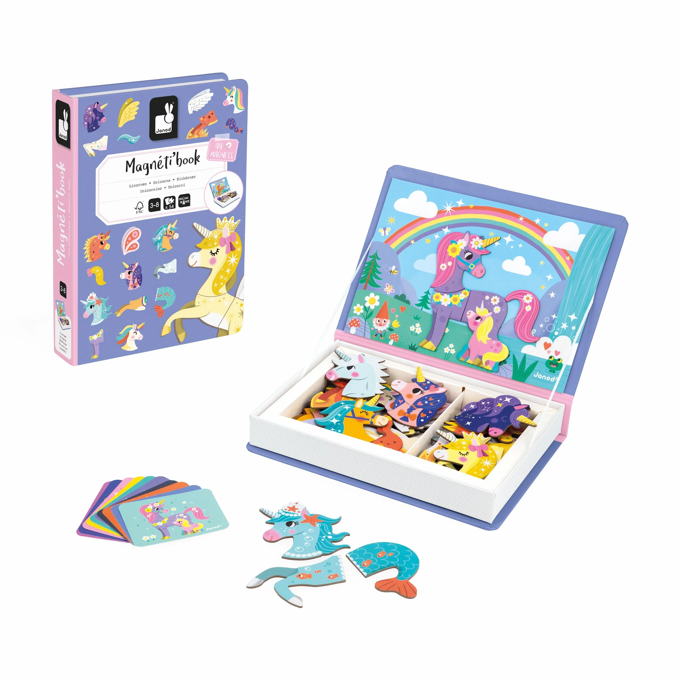 Janod - Magnéti'Book Unicorni - Gioco Educativo Magnetico 44 Calamite + 10 Modelli - Giocattolo per Bambini in Cartone FSC - Sviluppa la Manualità e l'Immaginazione - dai 3 Anni