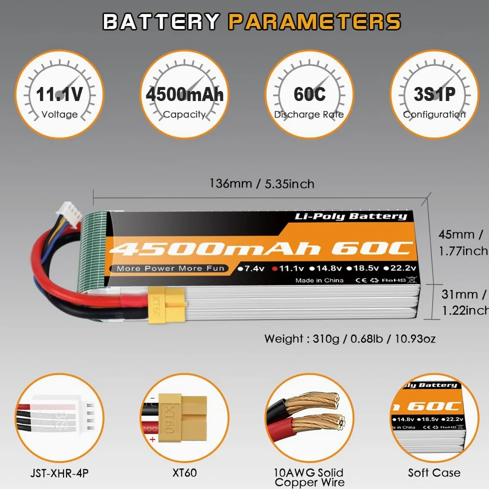 Youme Batteria LiPo 11.1V 3S 4500mAh 60C XT60 per auto droni barche RC 2pz | Batterie LiPo RC 11,1V 3S 4500mAh 60C custodia soft XT60 per auto camion buggy veicoli barche aerei elicotteri e droni RC