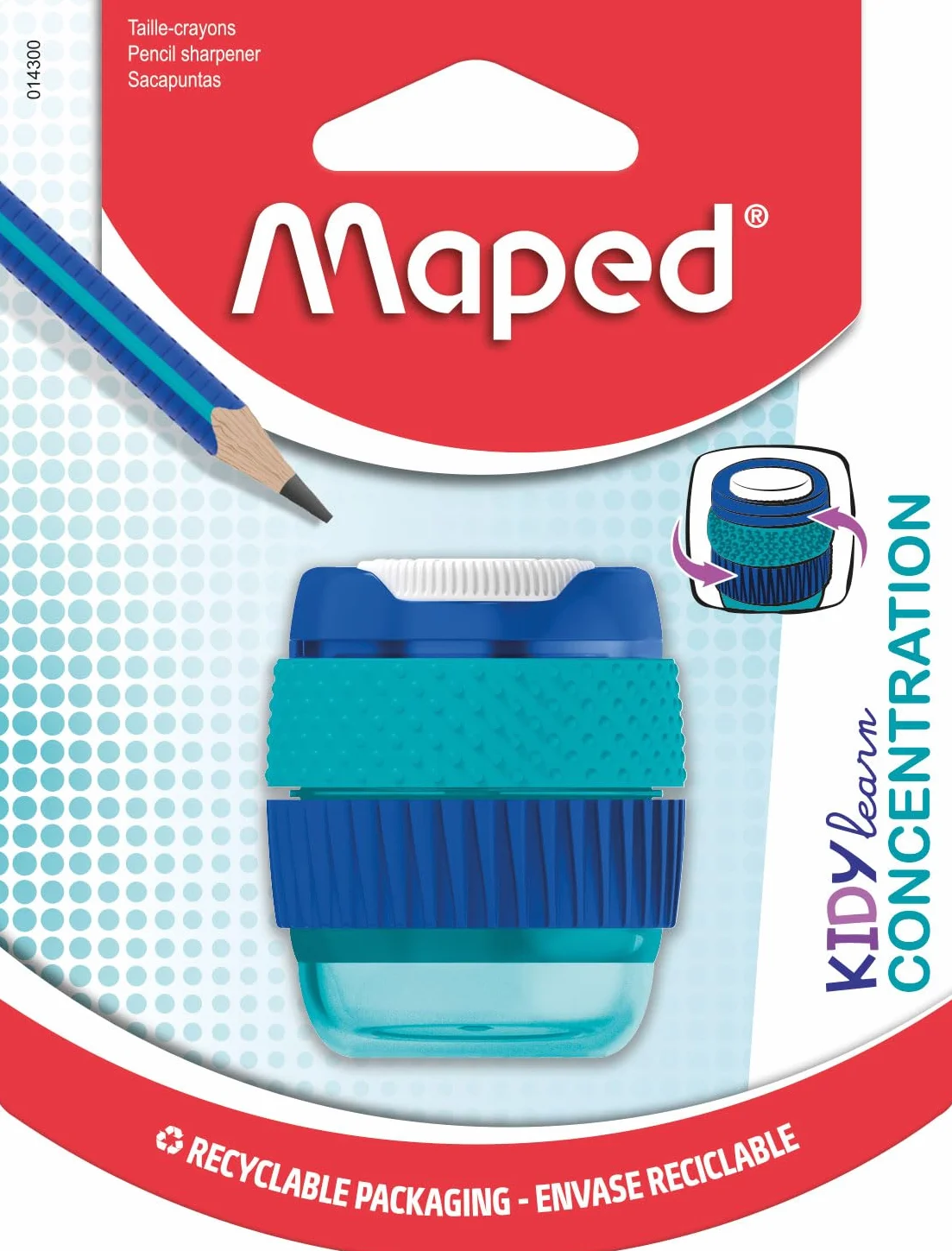 Maped - Temperamatite 1 Foro Kidy Learn Concentration - Con Serbatoio - Anelli Soft Rotanti - Funzione Clean - Riserva Grande Capacità