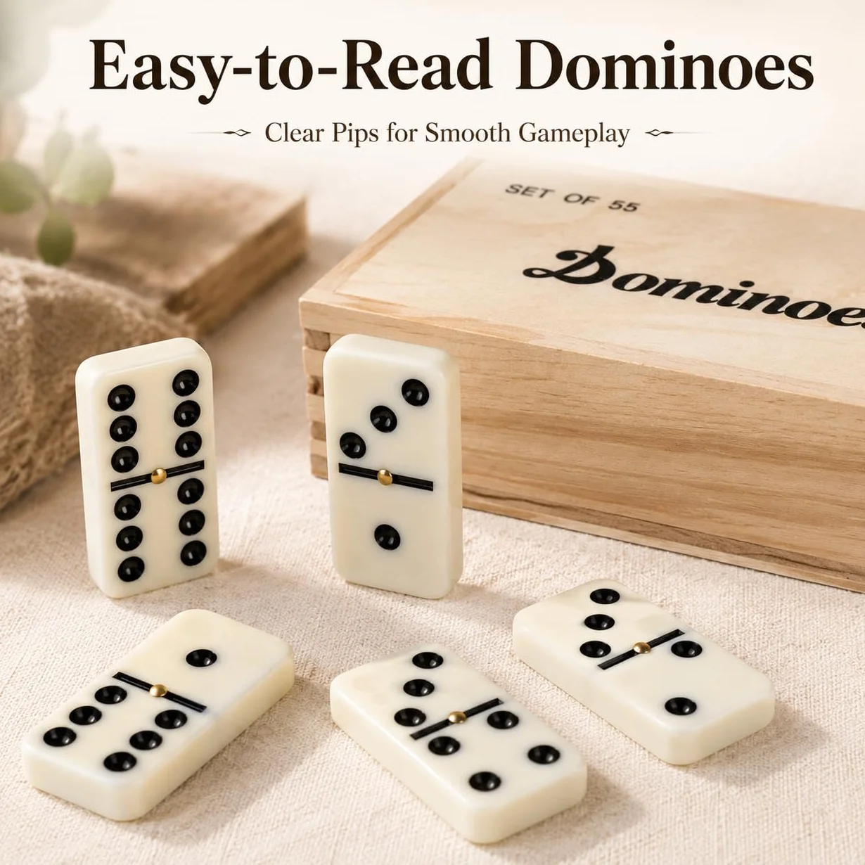 Smilejoy Set domino per adulti, doppio nove Domino Set per giochi da tavolo classici, Domino Double 9 per giochi di famiglia con custodia in legno naturale con spinner 55 pezzi