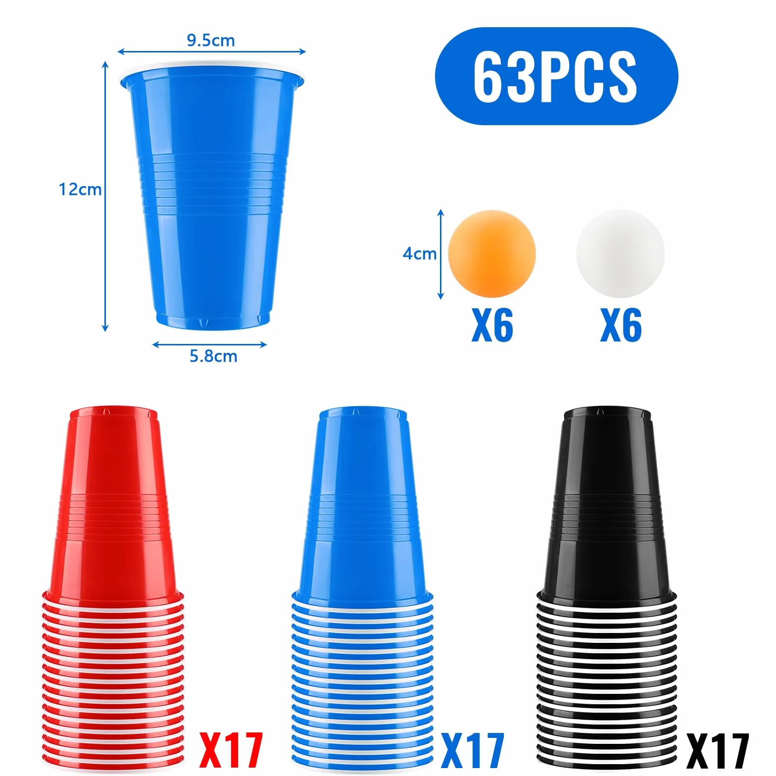 Sprifityy Beer Pong,51 Pezzi 500ml Bicchieri Beer Pong e 12 Pezzi Palline da P ing Pong,Bicchieri di plastica riutilizzabili,per Giochi di bevute, Feste, Compleanni, Matrimoni, Campeggio