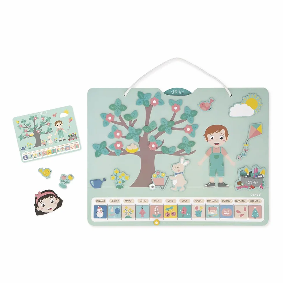 Janod - Calendario delle Stagioni - Calendario Educativo in Legno per Bambini 42 x 32 cm - Magnetico - 125 Magneti - Tempo e Stagioni - Versione Inglese - Dai 3 Anni, J5464