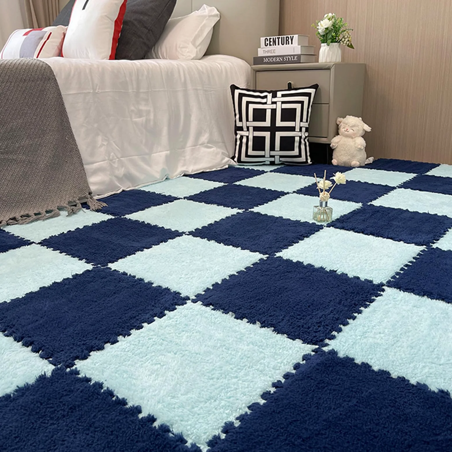 Tappeto a incastro Splice, tappeto puzzle in schiuma di peluche, 10 piastrelle quadrate in schiuma ad incastro, tappeto soffice per soggiorno, tappeto in schiuma per came,Navy Blue+light Blue