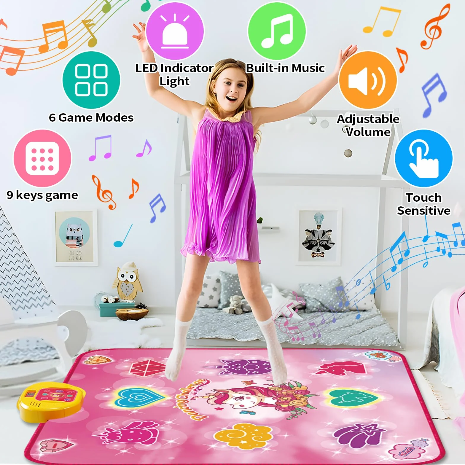 Tappetino da ballo per bambini musicale con 6 modalità di gioco e 9 luci a LED unicorno