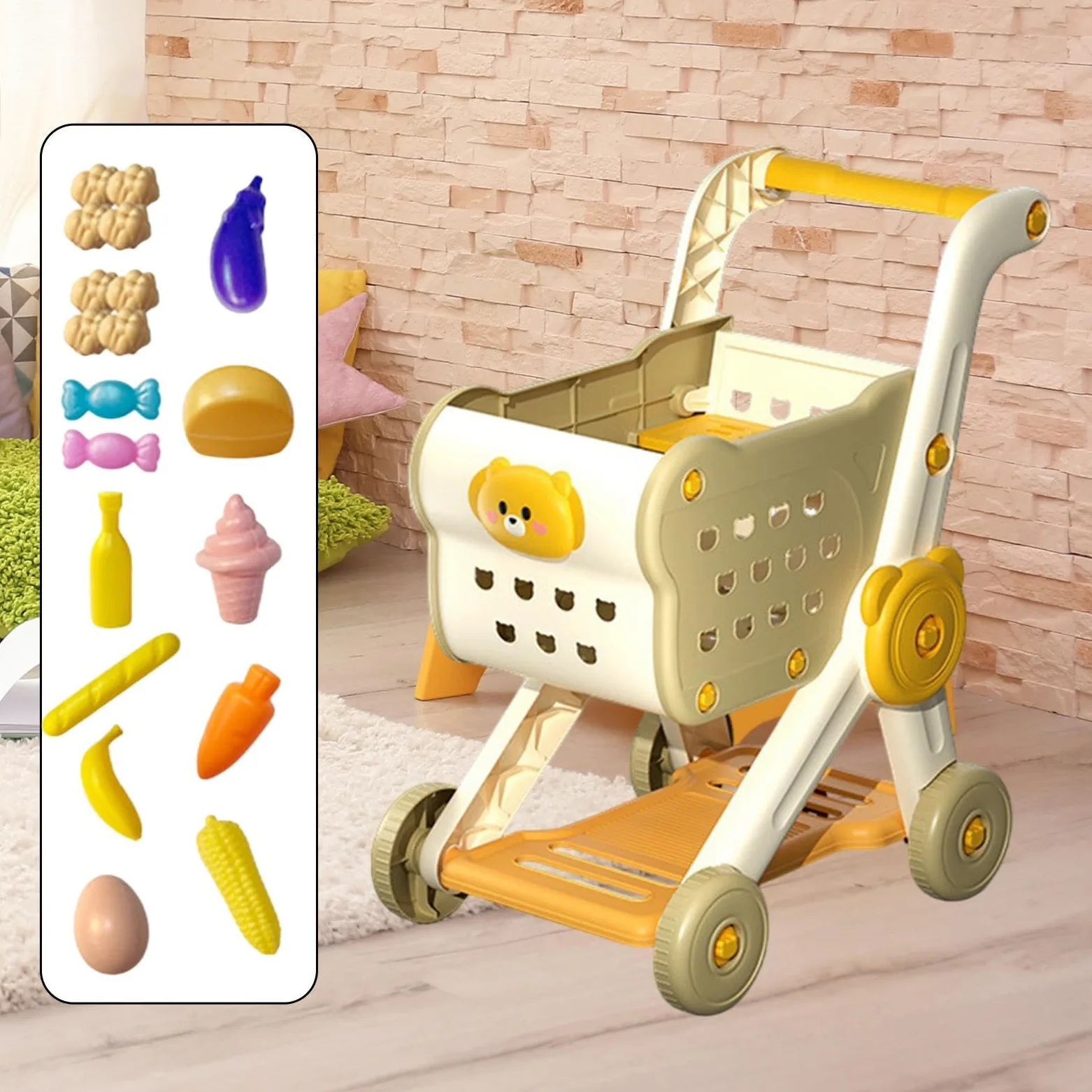 Carrello Supermercato Bambini Set Giocattolo Carrello Spesa Accessori Cucina Portaoggetti Ampio Facile da Usare Adatto per Gioco Simulato Regalo, Beige