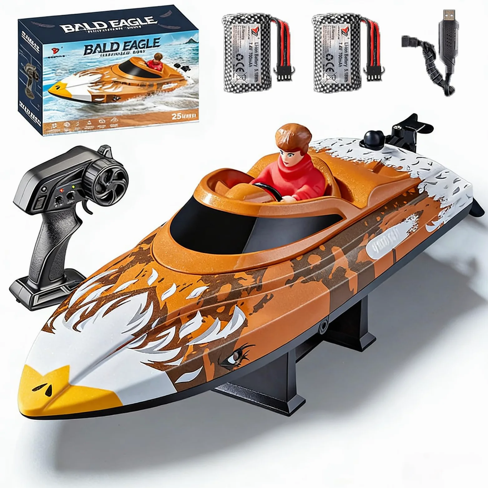 Barca telecomandata, 25 km/h, barche da corsa Speedboat ad alta velocità, barca RC da 2,4 GHz con luci LED, allarme a bassa tensione, ripristino automatico con un clic (marrone)
