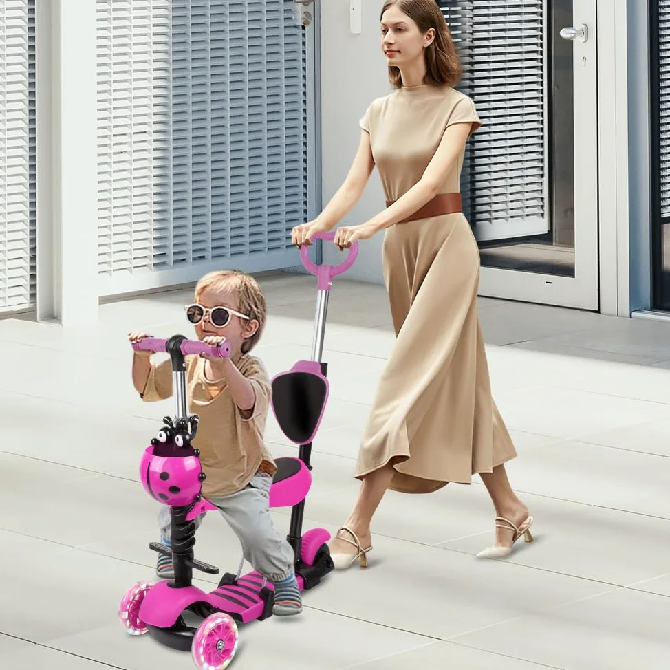 Monopattino per bambini 5 in 1 a partire dai 2 anni fino a 50 kg, con sedile pieghevole e ruote LED, regolabile in altezza, pieghevole, triciciclo scooter per bambini e bambine