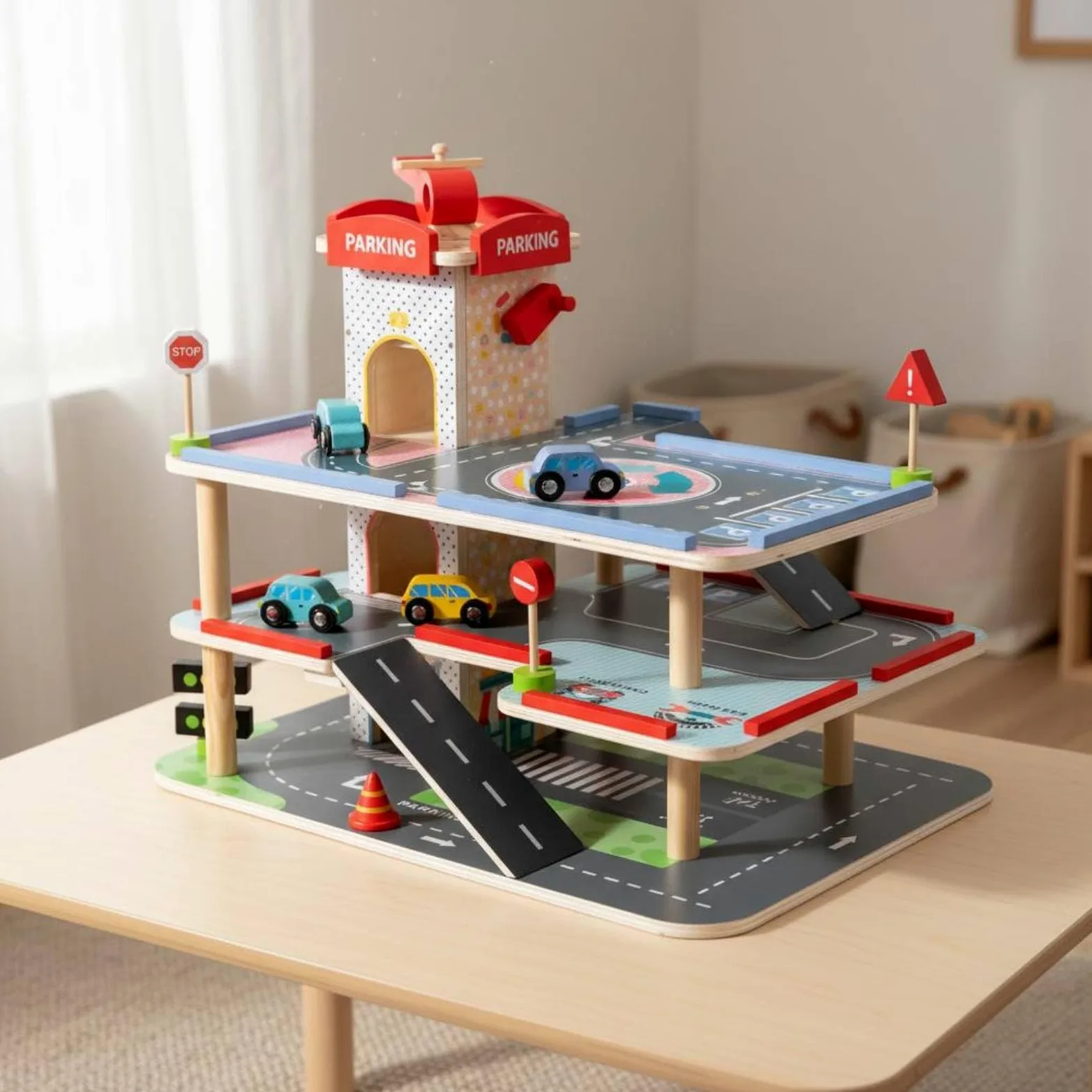 Harilla Children Parcheggio Gioco Parcheggio Giocattolo Garage Multilivello Auto Ascensore Manuale Legno Funzione Motoria Adatto per Insegnamento Meccanico, M-Parcheggio Piccolo