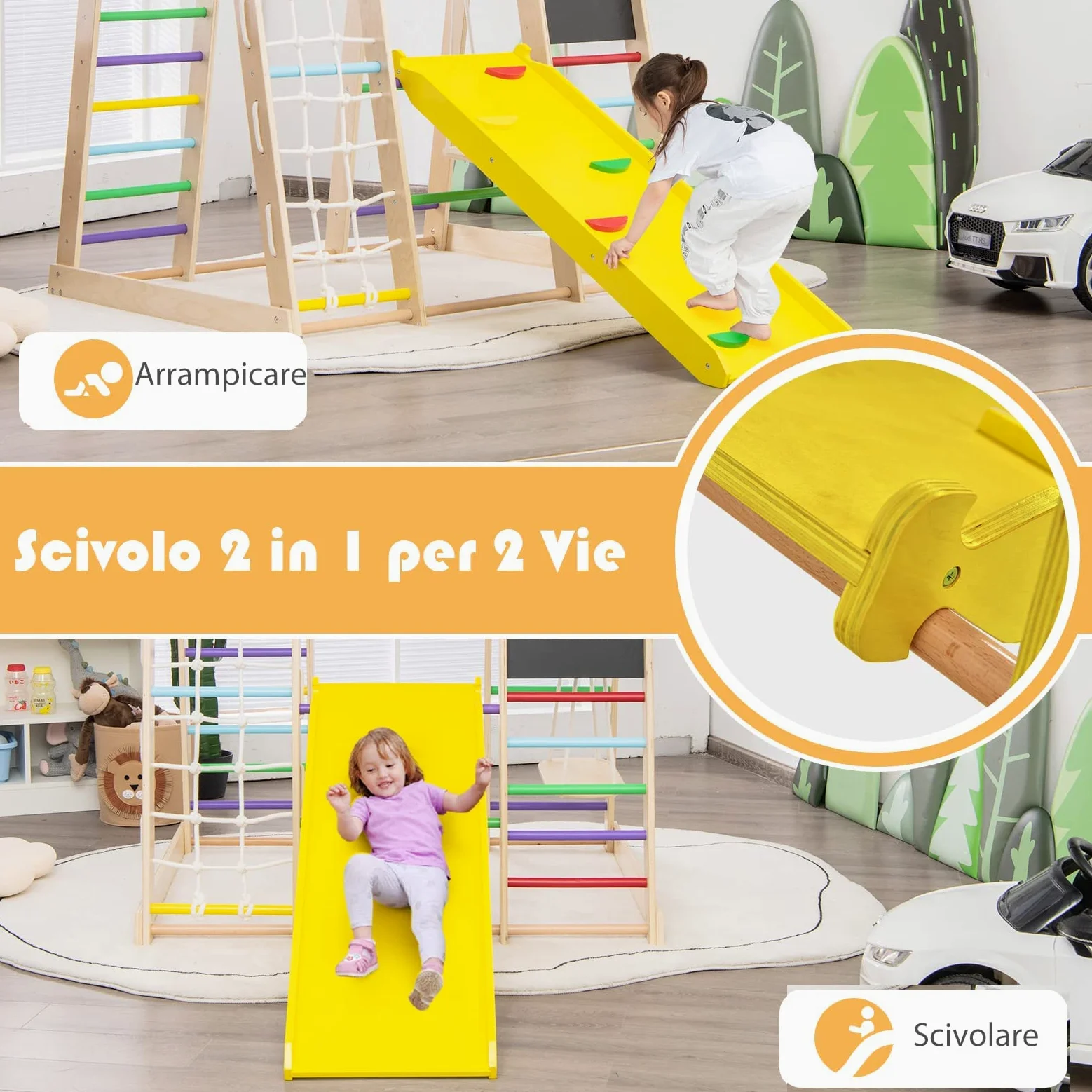 RELAX4LIFE 8 in 1 Triangolo da Arrampicata Multifunzione, Parco Giochi in legno Massello con Scivolo, Altalena e Lavagna, Uso Interno, per Bambini 1 a 5 anni (Modello 3 Colorato)