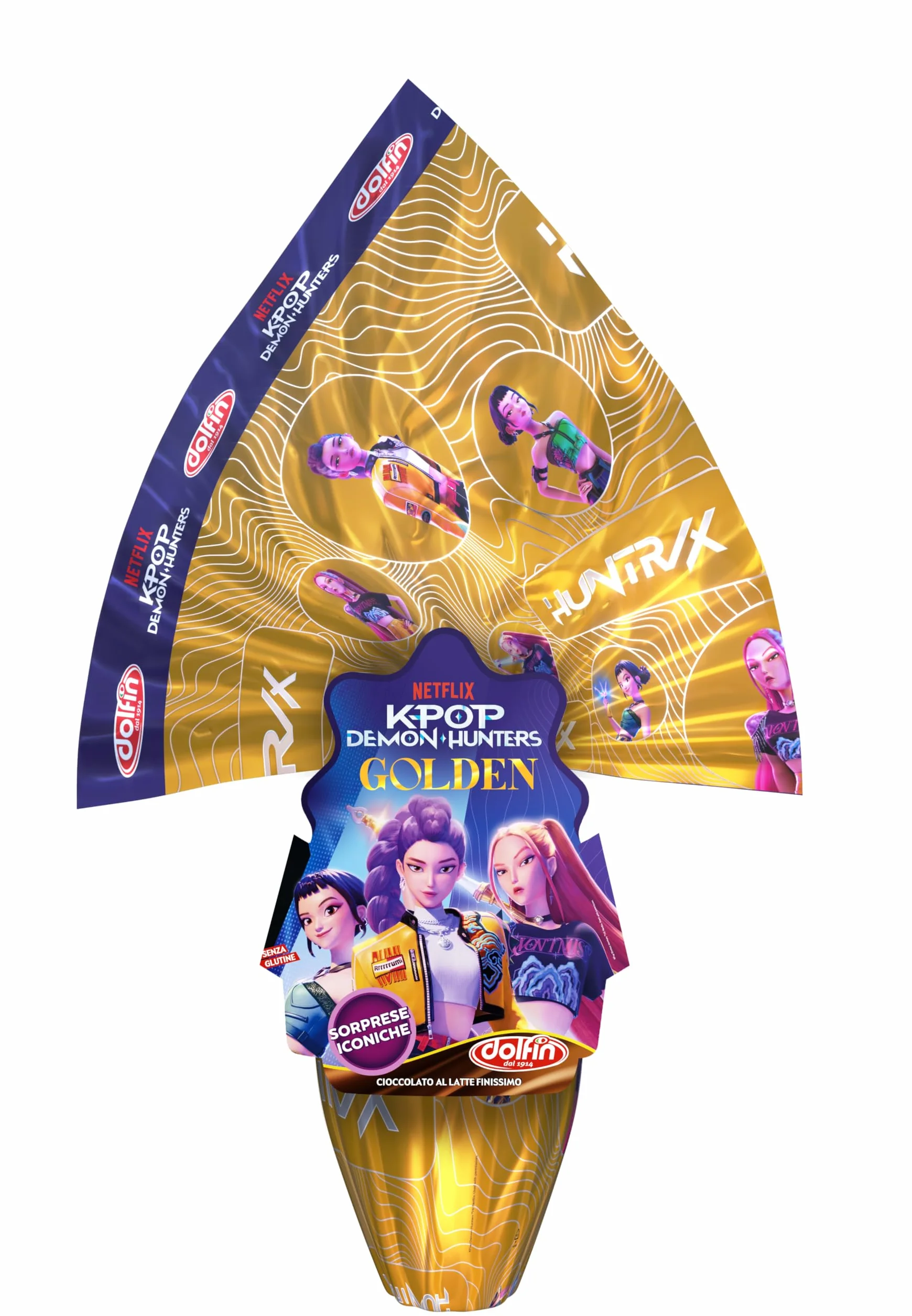 Uovo di Pasqua K-POP Demon Hunters Golden 250g Dolfin, Uova Cioccolato al Latte con Soprese Collezionabili, Film N°1 su Netflix