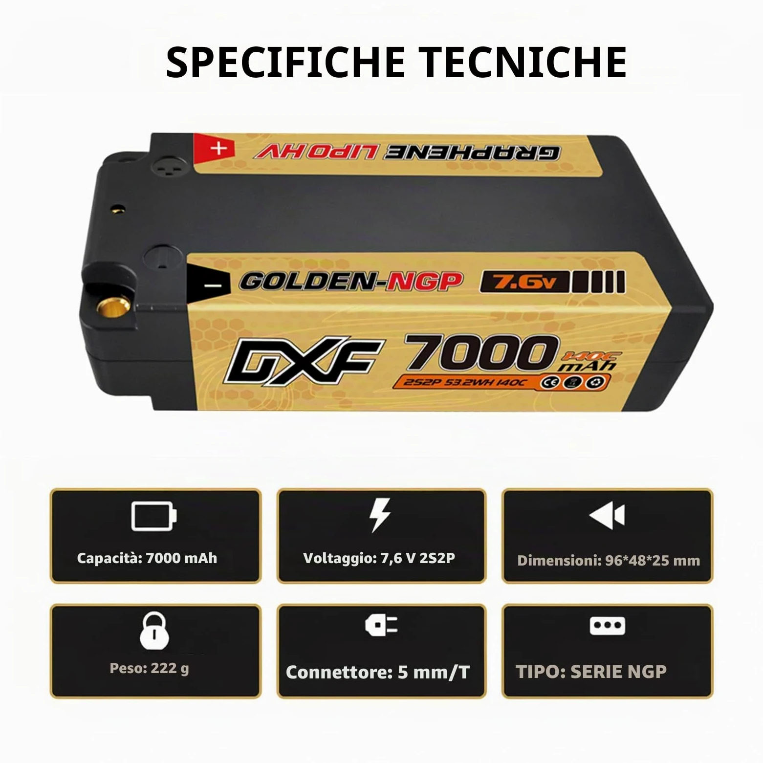 DXF Batteria LiPo 2S 7.6V 7000mAh 140C HV Corta Golden NGP Bullet 5mm Spina T Auto RC 1/8 1/10 Truck Aereo Elicottero Barca Buggy Custodia Rigida 2 Pezzi