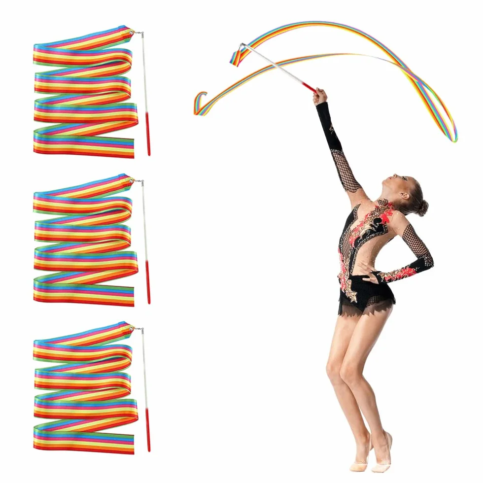 3 Pezzi Nastro Ginnastica Ritmica Bambina 2m Nastri Danza Ritmica Arcobaleno Nastri di Ballo con 30cm Bastone per Ginnastica, Arcobaleno,Bambini,Danza Artistica,Baton-7 Colorato