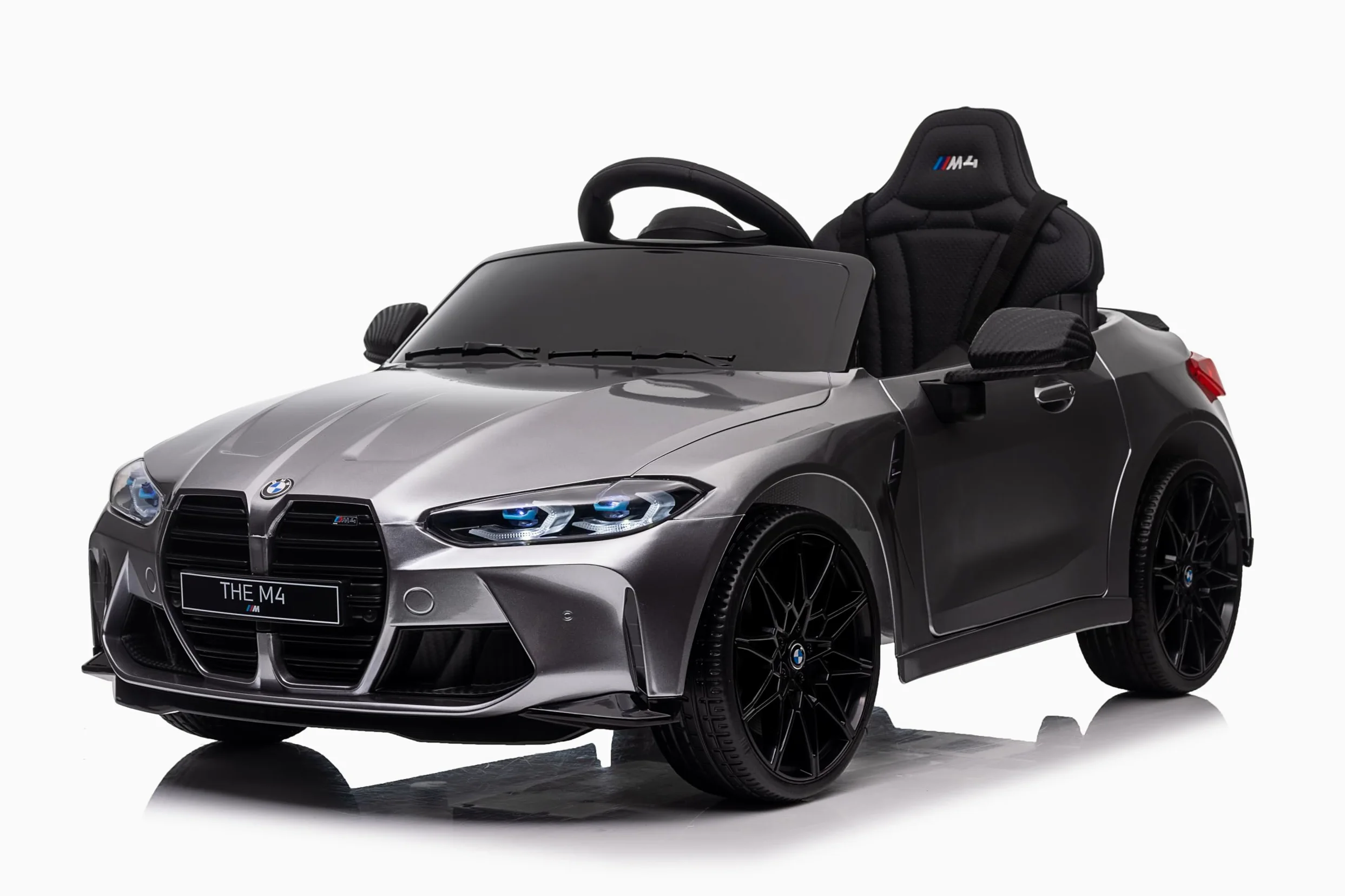 FINOOS Macchina Elettrica per Bambini B.M.W M4 12v Full Optional con Sedile in Pelle - Auto Elettrica per Bambini con Telecomando (Grigio)