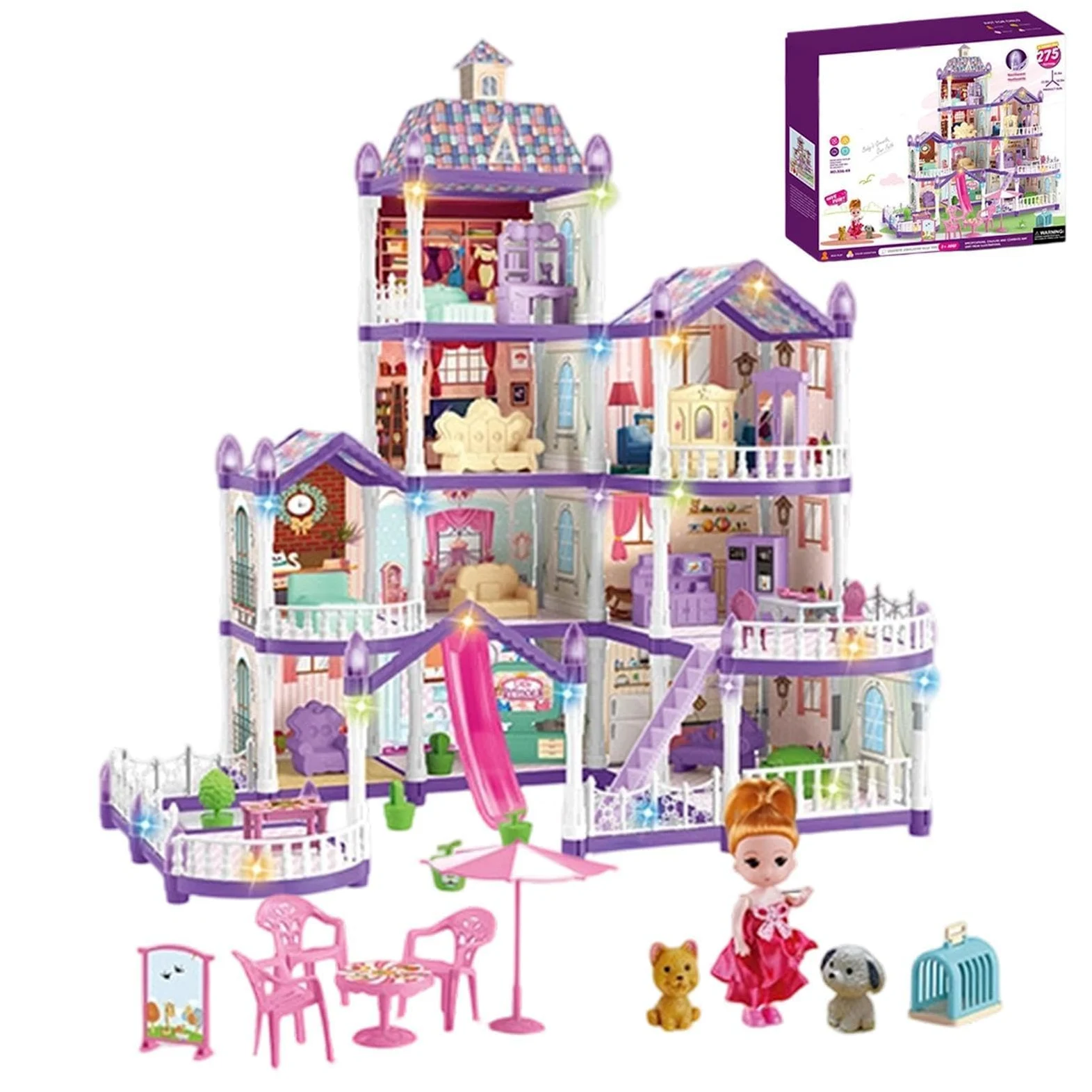 Casa delle Bambole per Ragazze 4 Piani 13 Stanze Da Montare Miniatura | Villa con 3 Principesse, 2 Cuccioli e Arredamento Per Bambine 4-6 di Ruolo Indoor Regalo per Feste