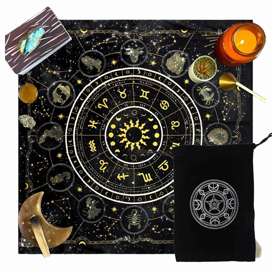 Tappeto Divinatorio e Sacchetto - Tovaglia per Carte Oracoli e Tarocchi - Panno d'Altare per Praticare Cartomanzia e Pendolino Esoterico(75 * 75cm)(una tovaglia + una borsa)
