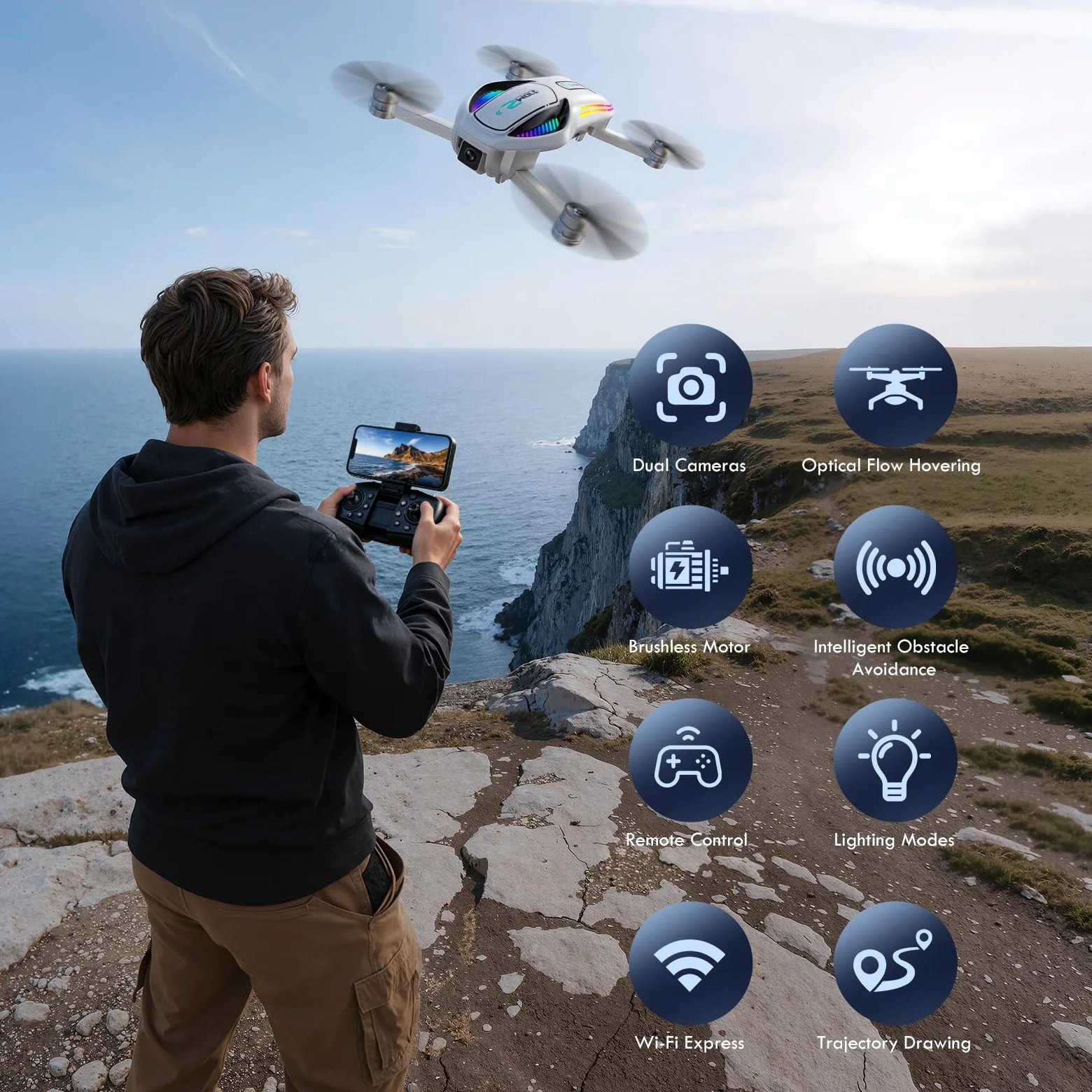 Drone 8K HD con Schermo e Doppia Fotocamera, Drone con Evitamento Ostacoli & Flusso Ottico, WiFi 30fps Quadcopter, Pieghevole, Controllo Gesti, Kit Completo per Adulti & Principianti