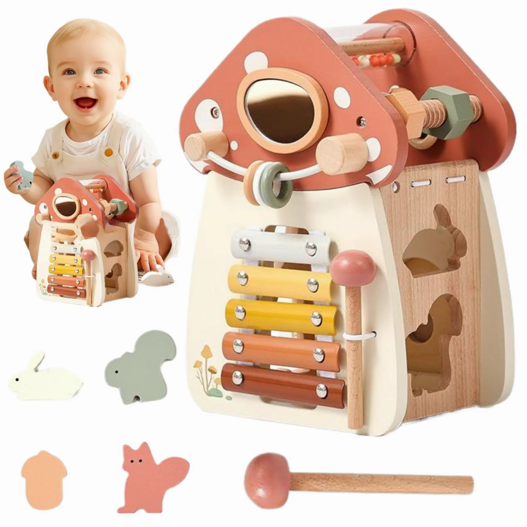 Cubo di attività per Bambini a Forma di Fungo 5 in 1 Cubo di attività in Legno per Bambini Giocattoli educativi per l'apprendimento Forma Sorter di per Ragazzi e Ragazze Complea