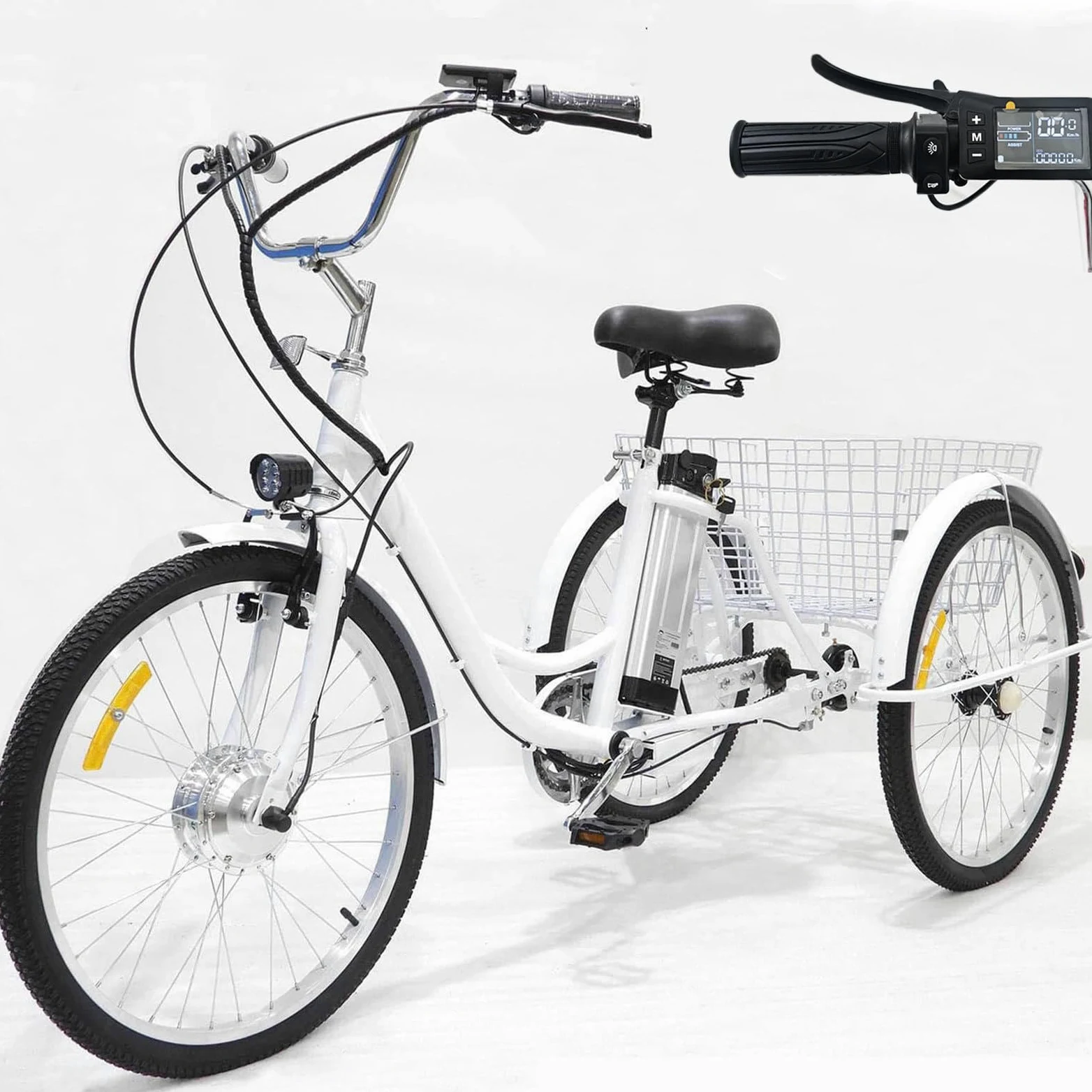 Triciclo elettrico per adulti da 24”, 3 ruote, batteria rimovibile da 36 V/12 Ah, carico massimo 150 kg, 3 modalità di guida, cestino portaoggetti, nero.