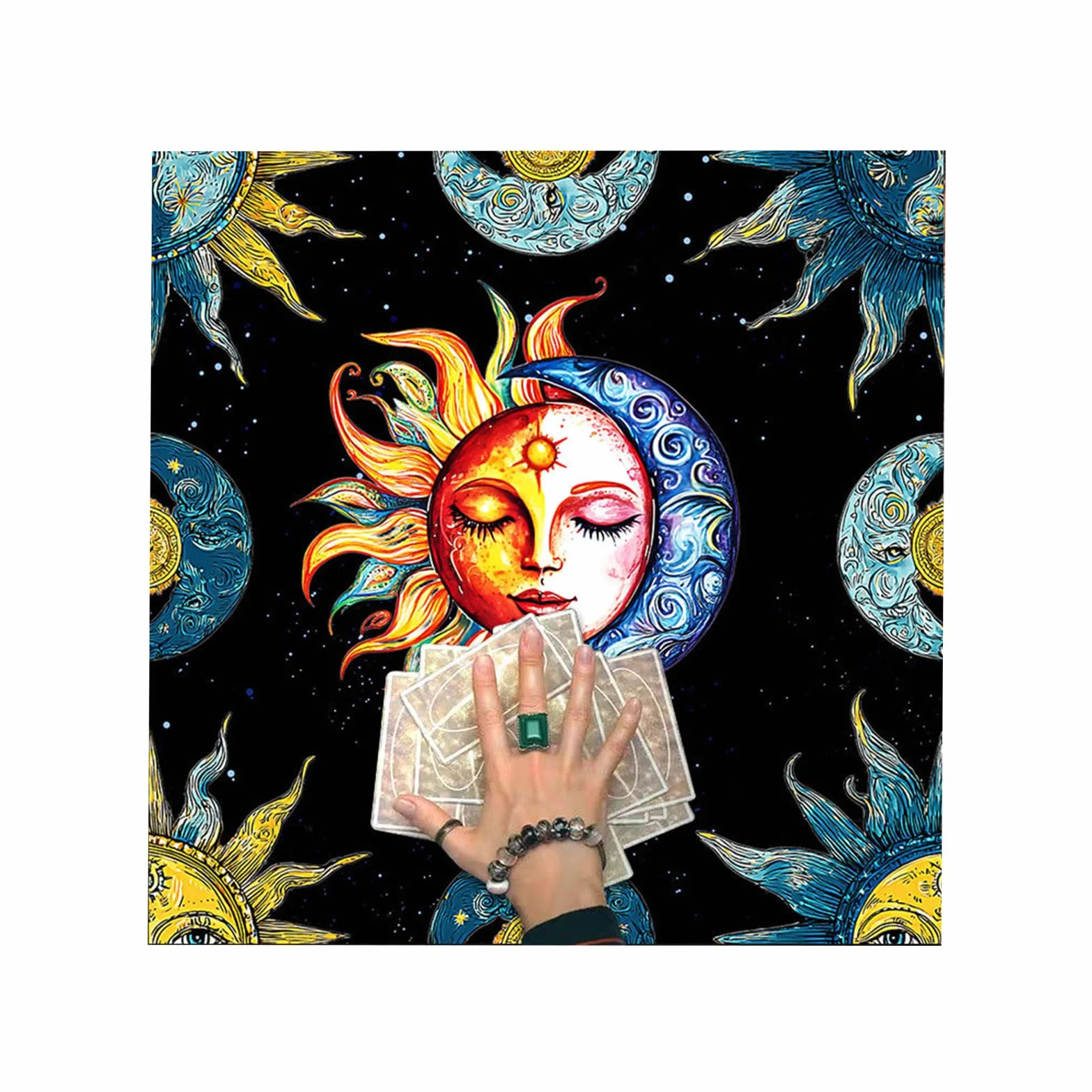 Mantello per Carte dei Tarocchi Nero con Simboli della Luna e del Sole, Tappetino da Lettura per Divinazione