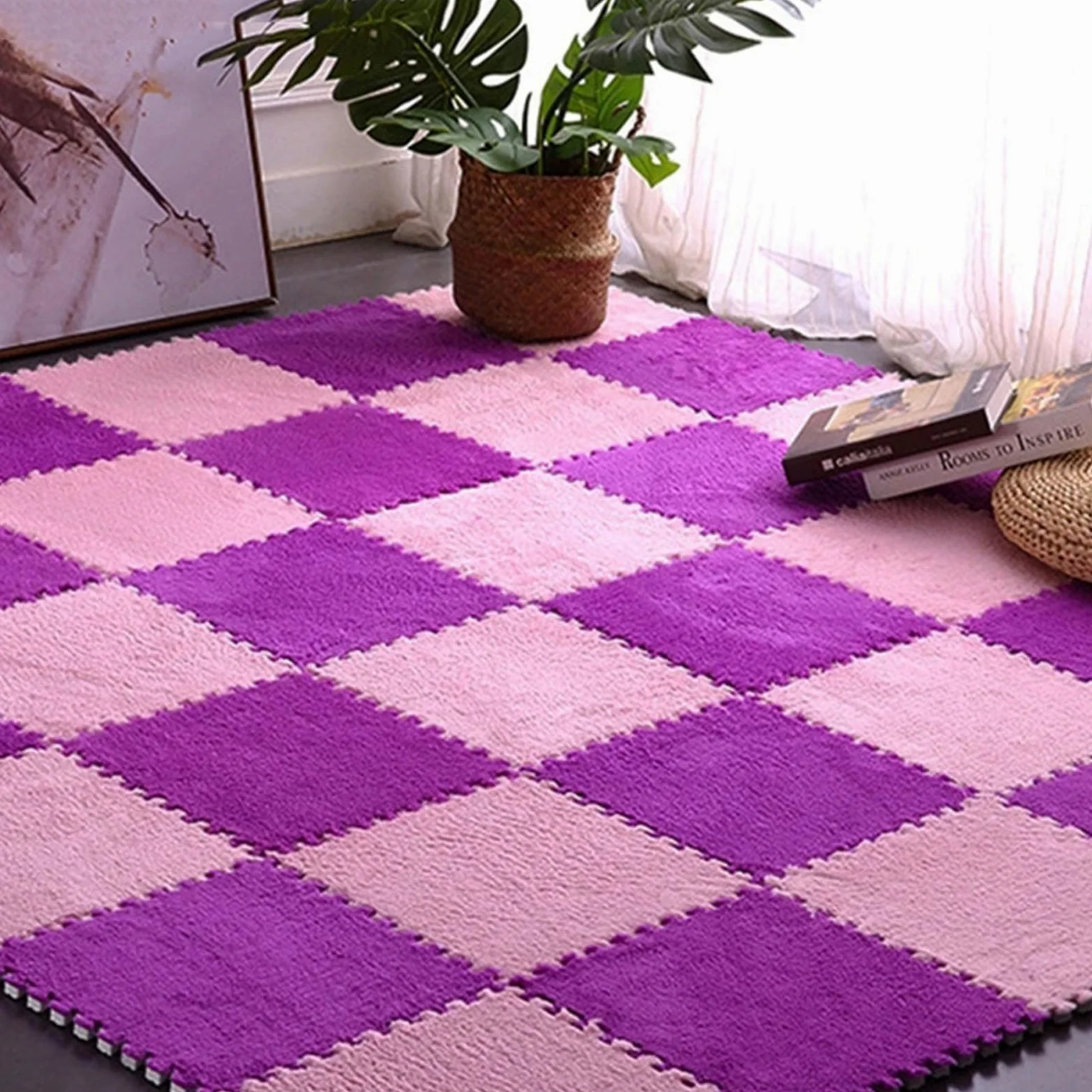 Tappeto ad Incastro Splice 50 Pezzi Tappeto ad Incastro in Schiuma Quadrato soffice e Morbido, Tappetini Puzzle in Peluche per la casa, Tappetino in Schiuma Facile da Ass,Pink+Purple