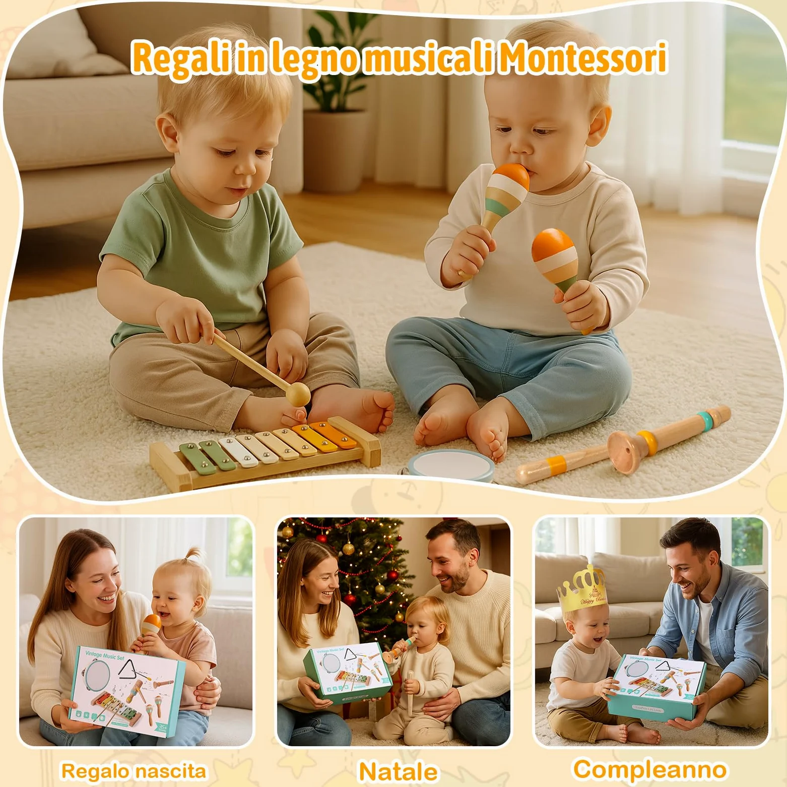 Strumenti Musicali Bambini, Giochi Montessori Sensoriale in Legno, Tamburo Bambino Xilofono Maracas, Tambourine Percussioni Giochi Bambini, Natale e Compleanno Regalo Bambino 1 2 3 Anno