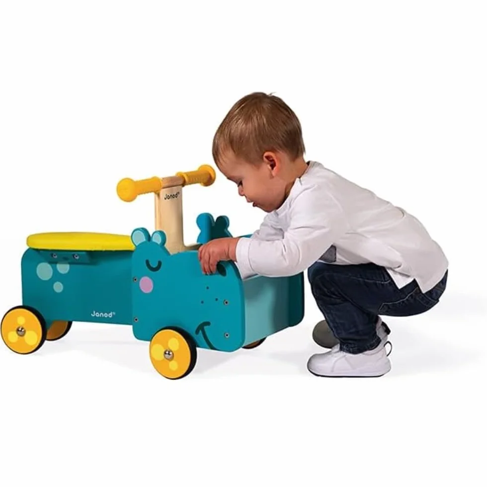 Janod Cavalcabile in Legno Ippopotamo per Bambini con Maniglie Ergonomiche e Ruote Silenziose Blu e Giallo