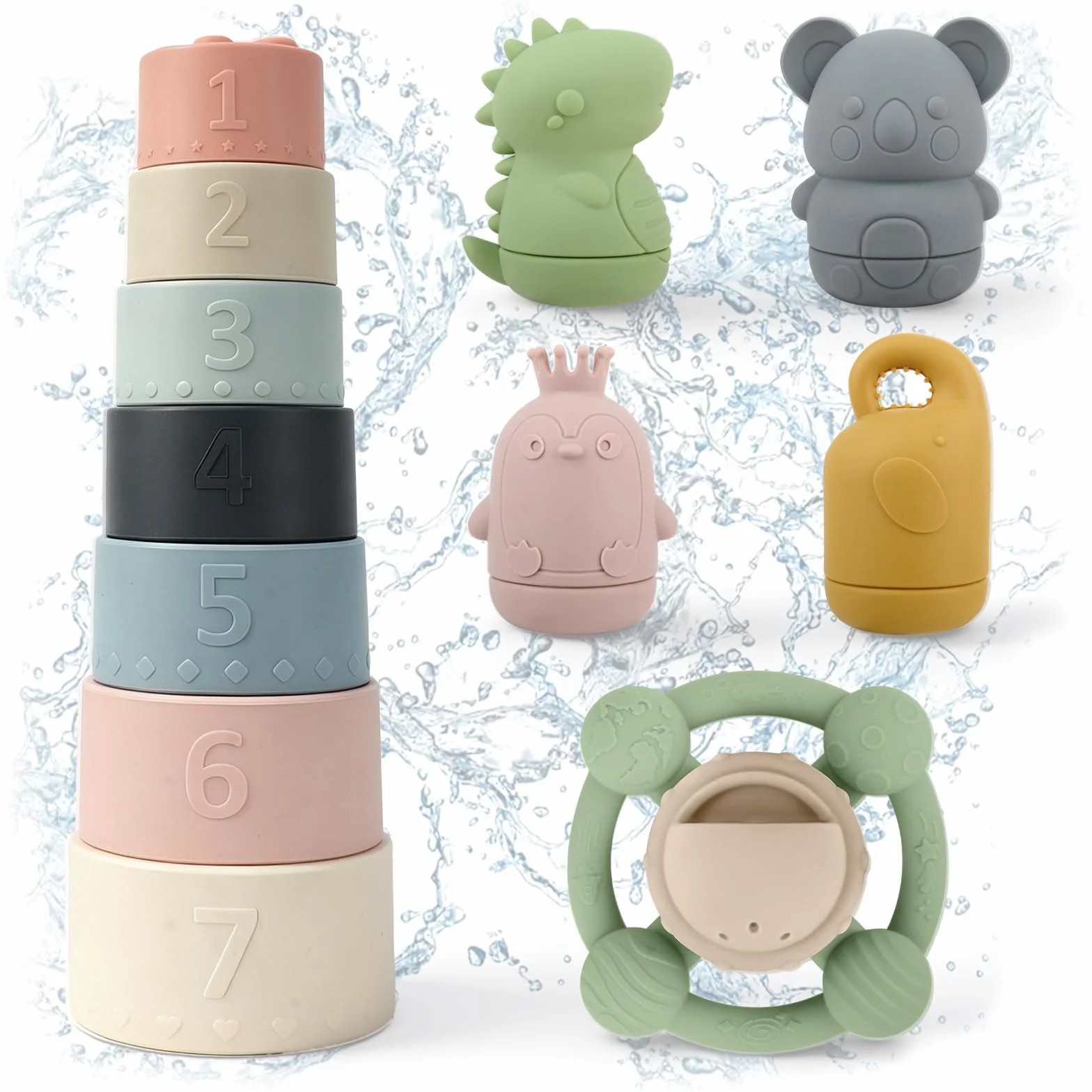Giocattoli da Bagnetto per Bambini, Giochi Bagnetto Neonato in Silicone con Volante Giocattolo, Tazza Impilabili e Giocattoli Animali, Senza Bisfenolo A, Giocattolo a Acqua per Bagno Piscina Spiaggia