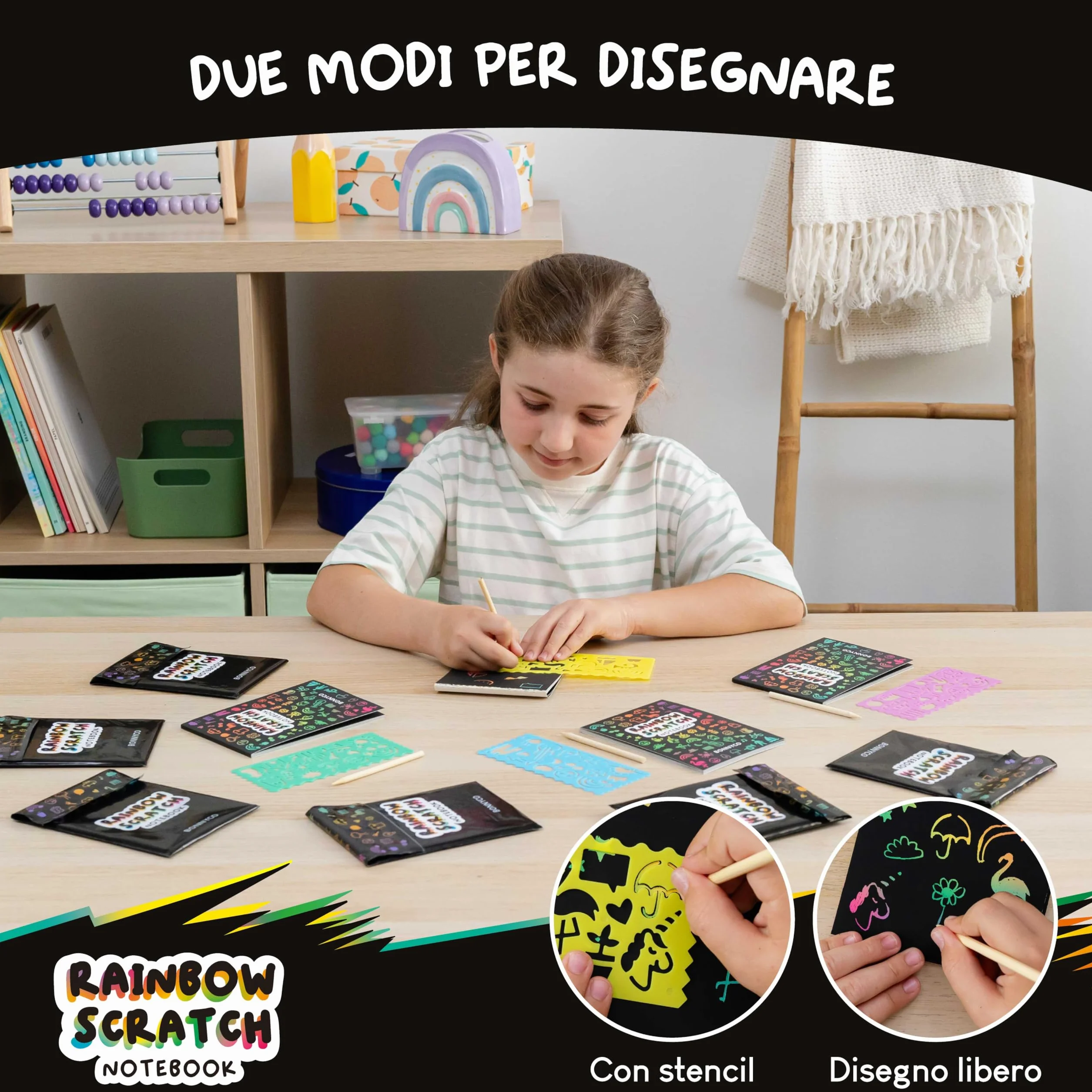 BONNYCO Scratch Art Bambini, 16 Set con Quaderno da Grattare, Stencil e Penna in Legno