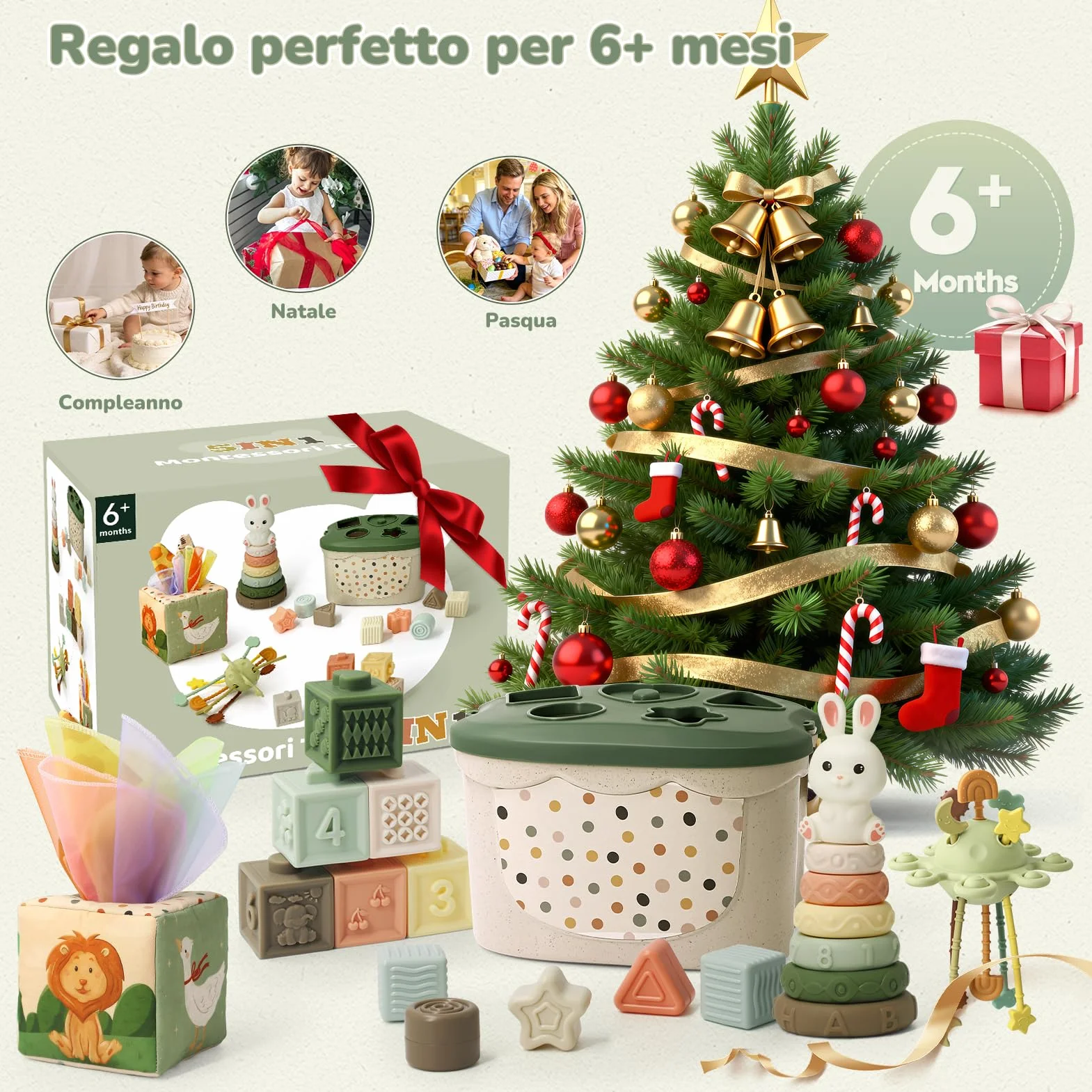 Giochi Montessori 6 Mesi 5 in 1 con Scatola Fazzoletti, Impilabili, Classificazione, Tirare Corda Regalo Bambino 8-12 Mesi