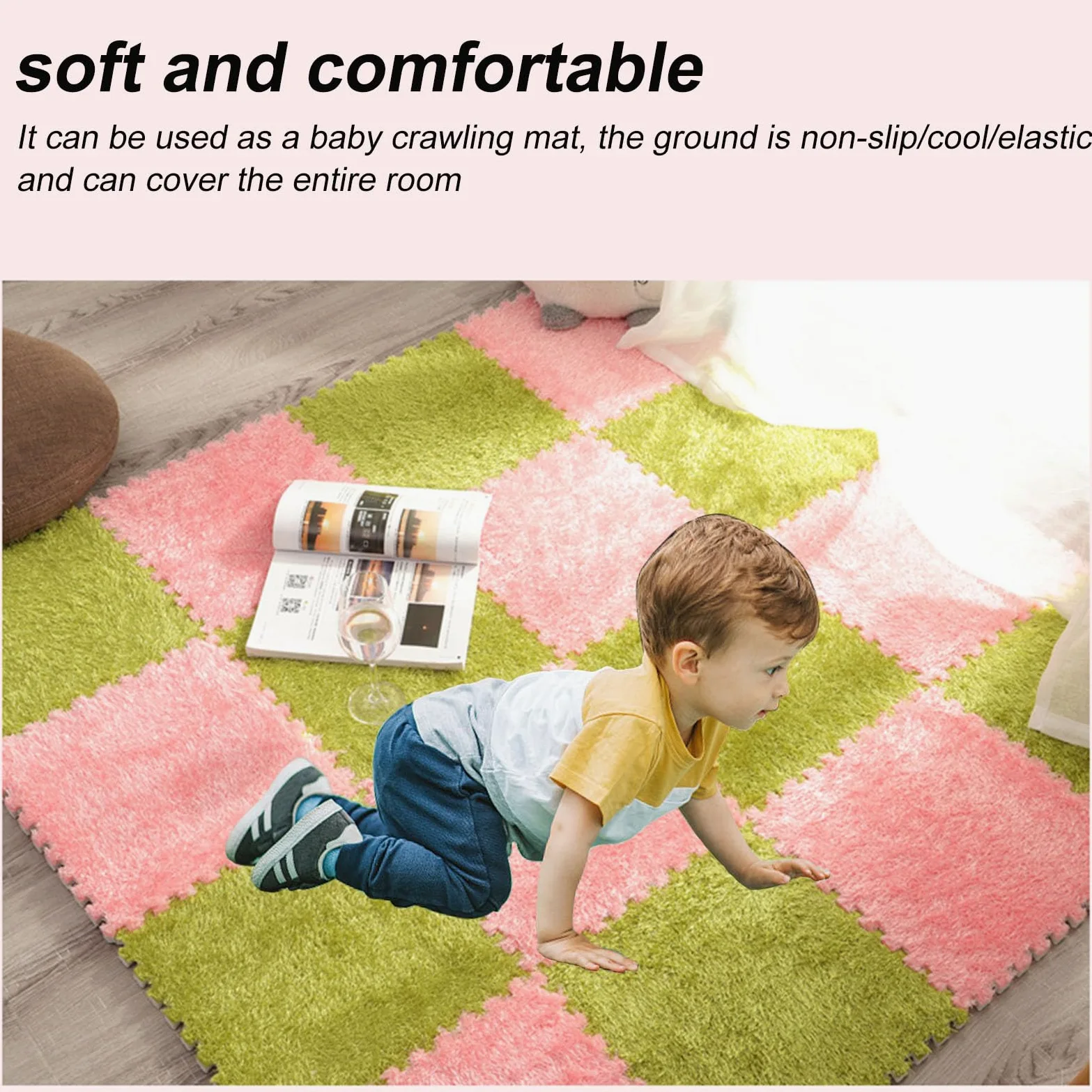 Splice Interlocking Carpet Interlocking Tappetino Antiscivolo in Schiuma di Peluche, 12 Pezzi, Tappeto da Arrampicata Quadrato, tappeti Quadrati in Schiuma di Peluche,Gray+White-One Size