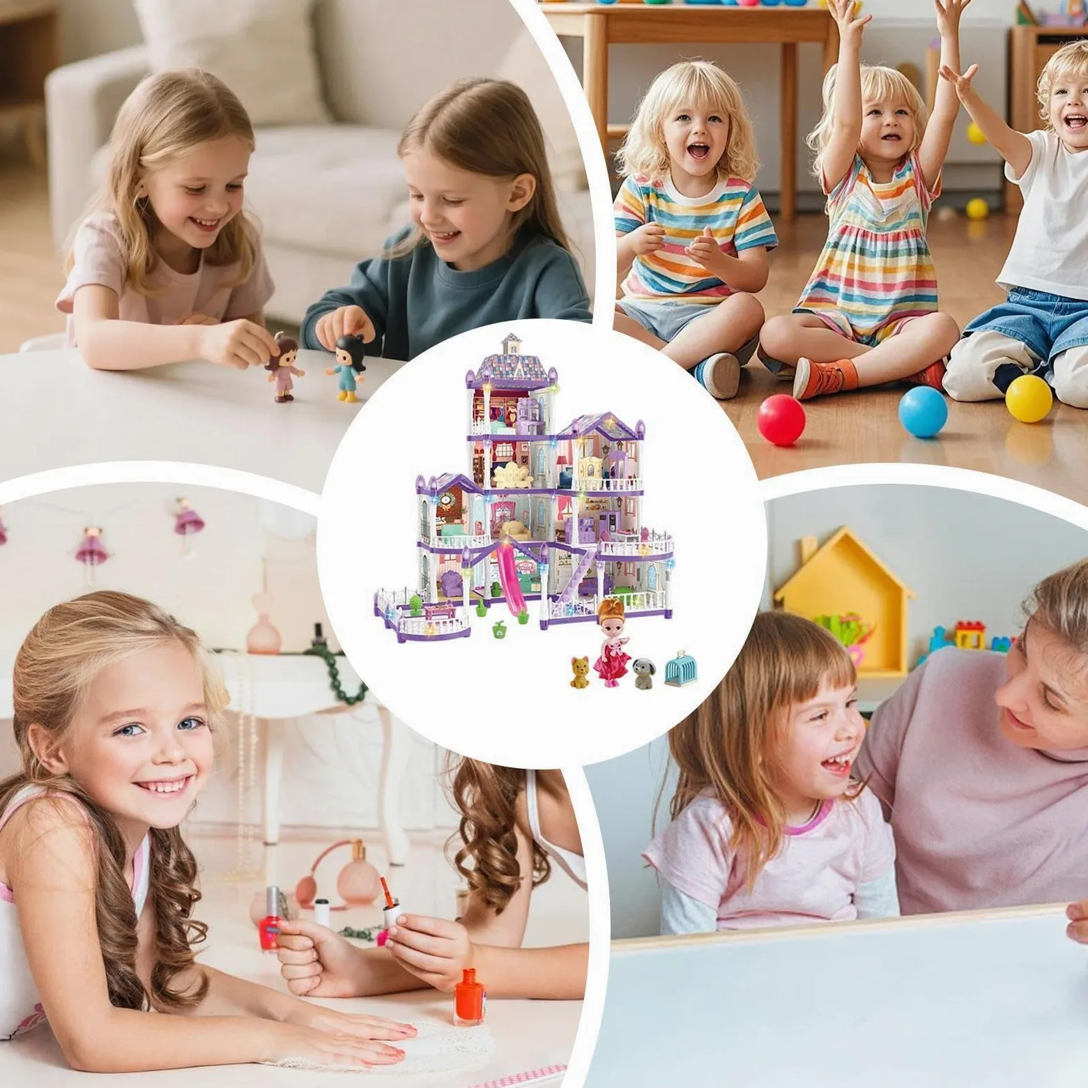 Casa delle Bambole 4 Piani 13 Stanze Villa Miniatura da Montare | Set di Casa con 3 Principesse e 2 Cuccioli e Arredamento Per Bambini 4-6 di Ruolo Regalo Natale