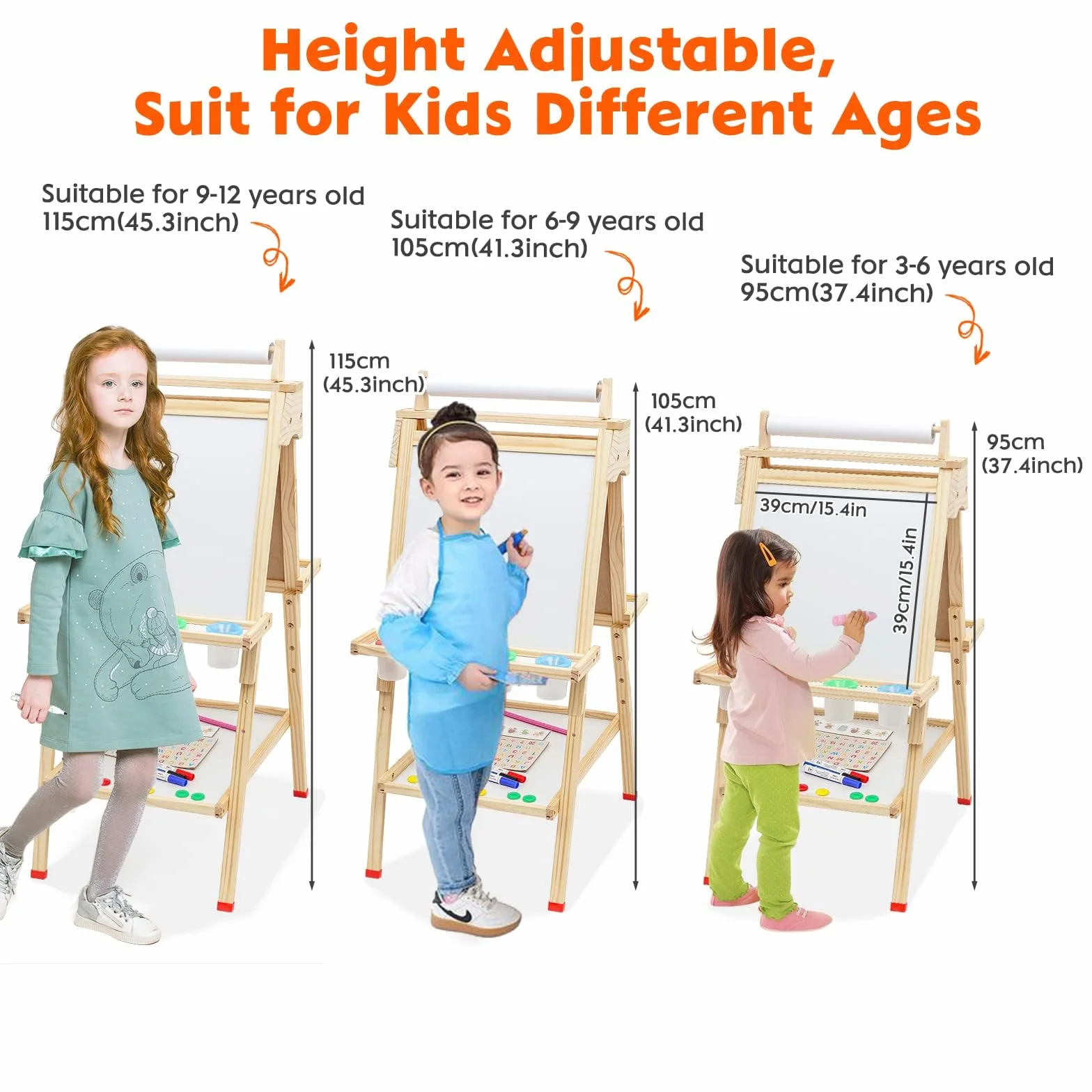 Lavagna per Bambini 3 in 1 Cavalletto in Legno Pittura in Regolabile Altezza, Lavagna Doppia Faccia, Lavagnas Multiattività con Rotolo di Carta, Numeri e Altri Accessori, Giocattolo Educativo 3+ Anni