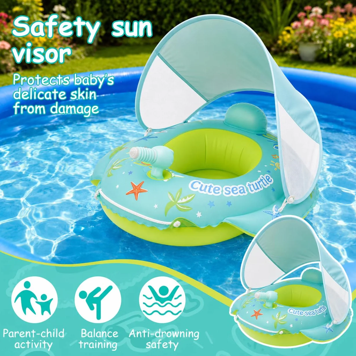XIMEI Salvagente Neonato con Parasole, Salvagente Bambino con Volante, Ciambella Piscina, Piscina Gonfiabile Bambini, Estate Gonfiabile Mare Bambini Vacanza Spiaggia