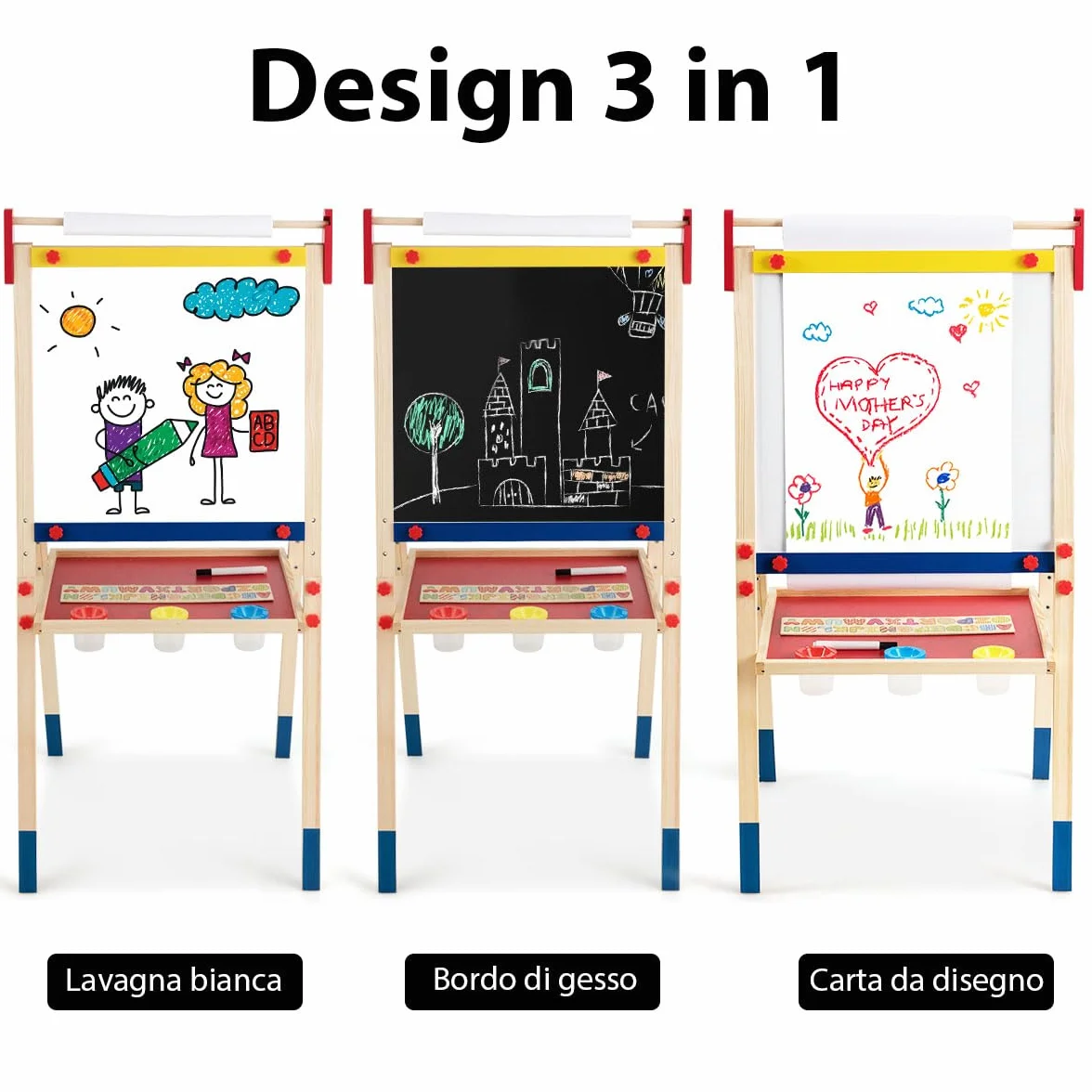 HOMASIS 3 in 1 Lavagna per Bambini con Rotolo di Carta, Cavalletto Pittura Bambini con Lavagna Doppia Faccia, Altezza e Ripiano Regolabile, Struttura in Legno di Pino, 60 x 55 x 112,5-124,5 cm