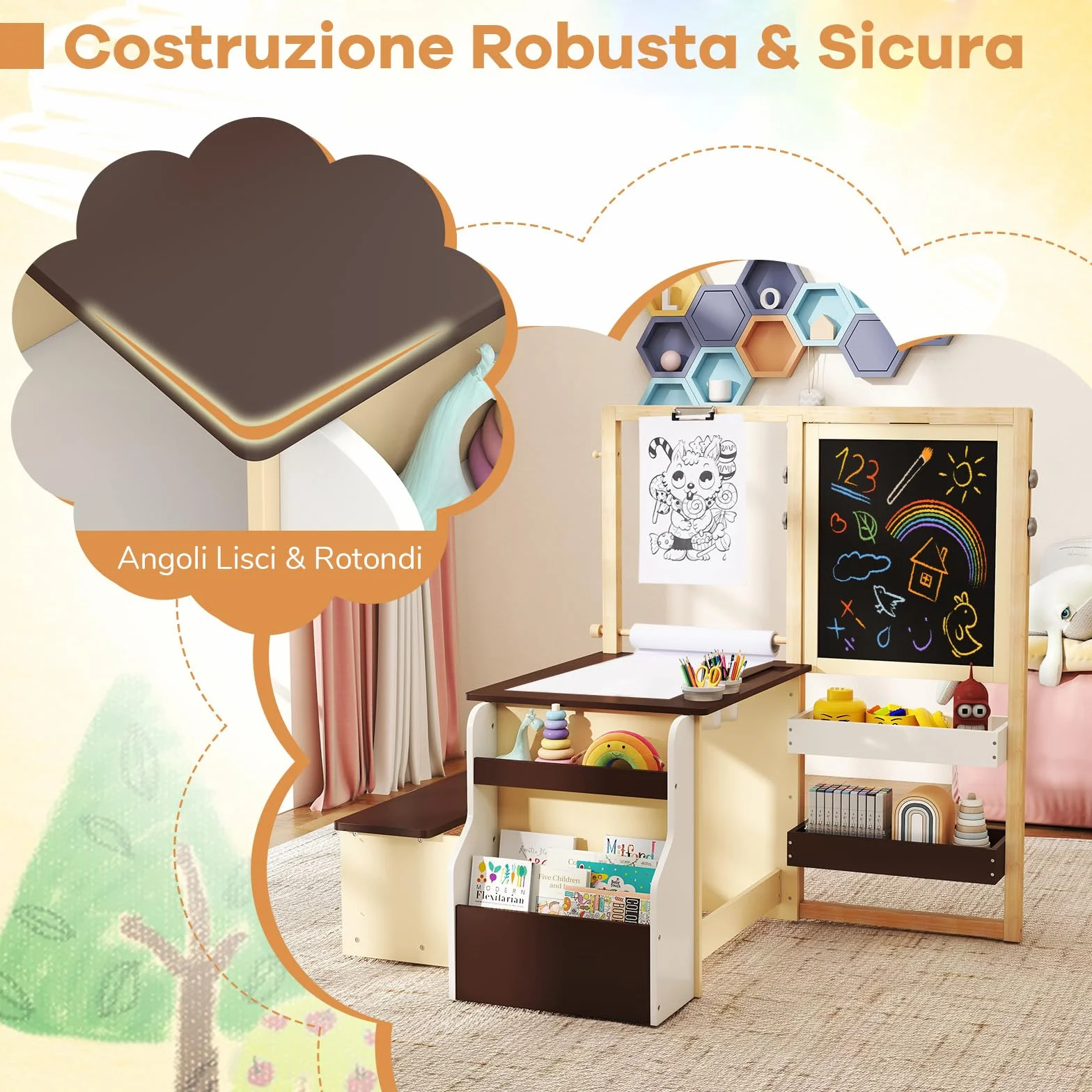 GYMAX Set di Cavalletto con Tavolo e Panca per Bambini, Scrivania Multifunzionale in Legno con Lavagna Bifacciale (Caffè)