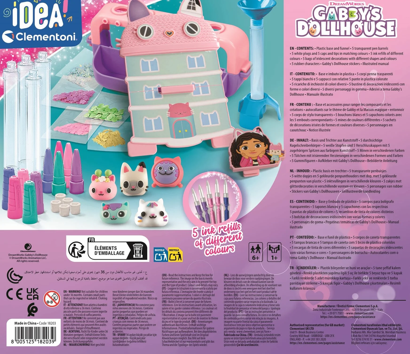 Clementoni Laboratorio delle Penne Gabby's Dollhouse, Kit Creativo per Bambini 6+ Anni, 25+ Accessori, 5 Penne Personalizzabili