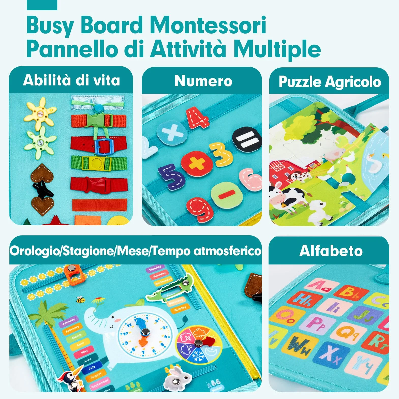 Montessori Busy Board di Feltro Bambino - Pannello Sensoriale Educativo per Bambini, Regalo Compleanno