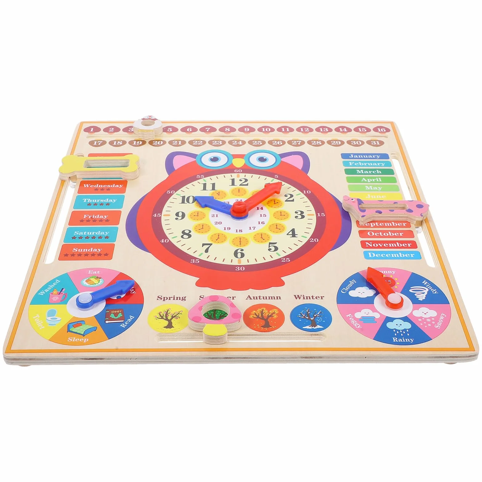 Alasum Orologio Educativo in Legno Forma Gufo con Calendario per Giocattolo Didattico per Apprendere Orario Settimane Mesi e Stagioni Sicuro con Bordi Lisci per Ragazzi e Ragazze