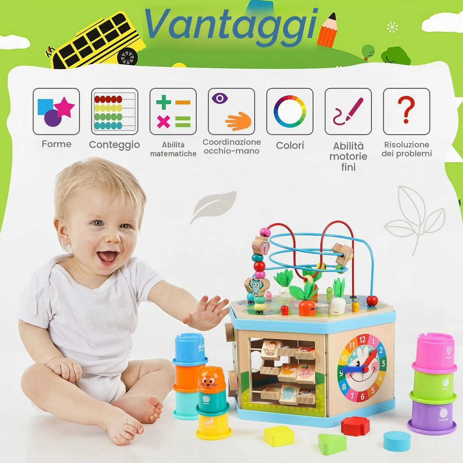 Jacootoys Cubo di attività in legno, 7 in 1, giocattolo educativo per bambini, bambini, ragazzi, ragazze