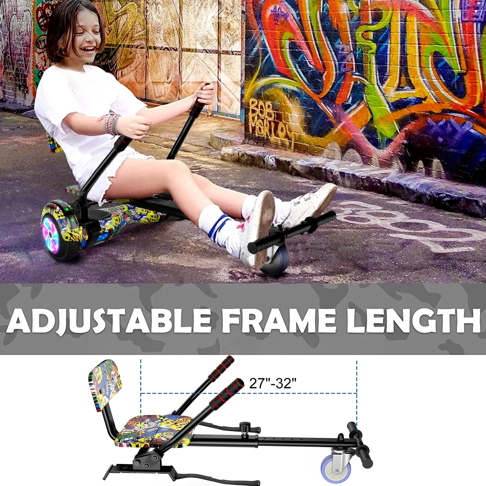 Hoverboard con fissaggio del sedile Combo, 6,5 pollici auto bilanciamento Hover Board con altoparlante Bluetooth e luci LED per bambini ragazze ragazzi (incluso Gokart)