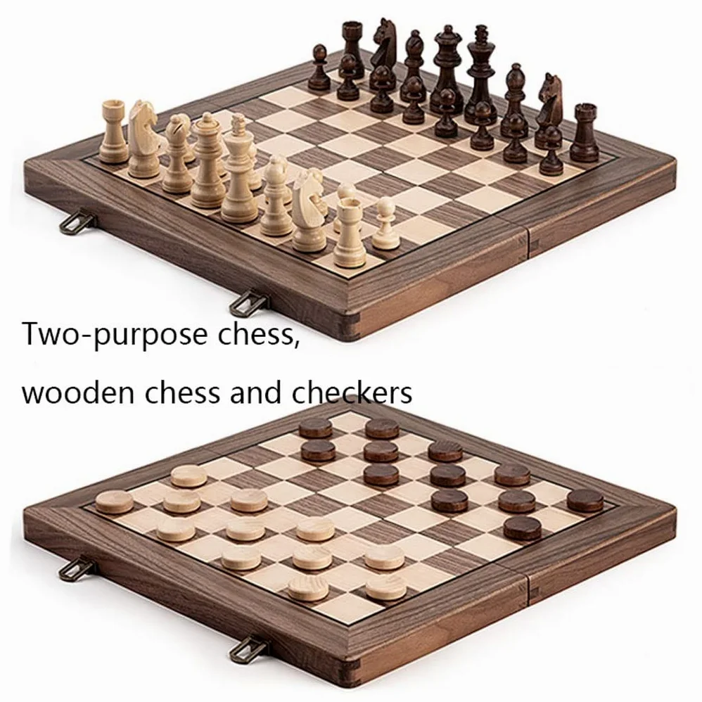 Set di Scacchi, Scacchiera, Scacchiera da 15 Pollici, Scacchi Artigianali in Noce, Set di Scacchi in Legno con 2 Regine Extra, Gioco da Tavolo 2 in 1 con Scacchiera in Fe