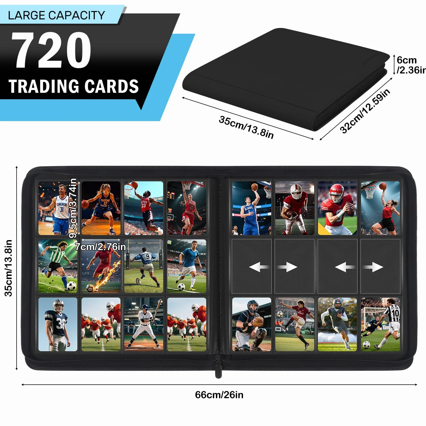 WITHYU Album da Collezione per Carte 12 Tasche, Capacità 720 Carte, Impermeabile, con Chiusura Lampo, per TCG, Calcio e Carte da Collezione, Portatile (Nero)