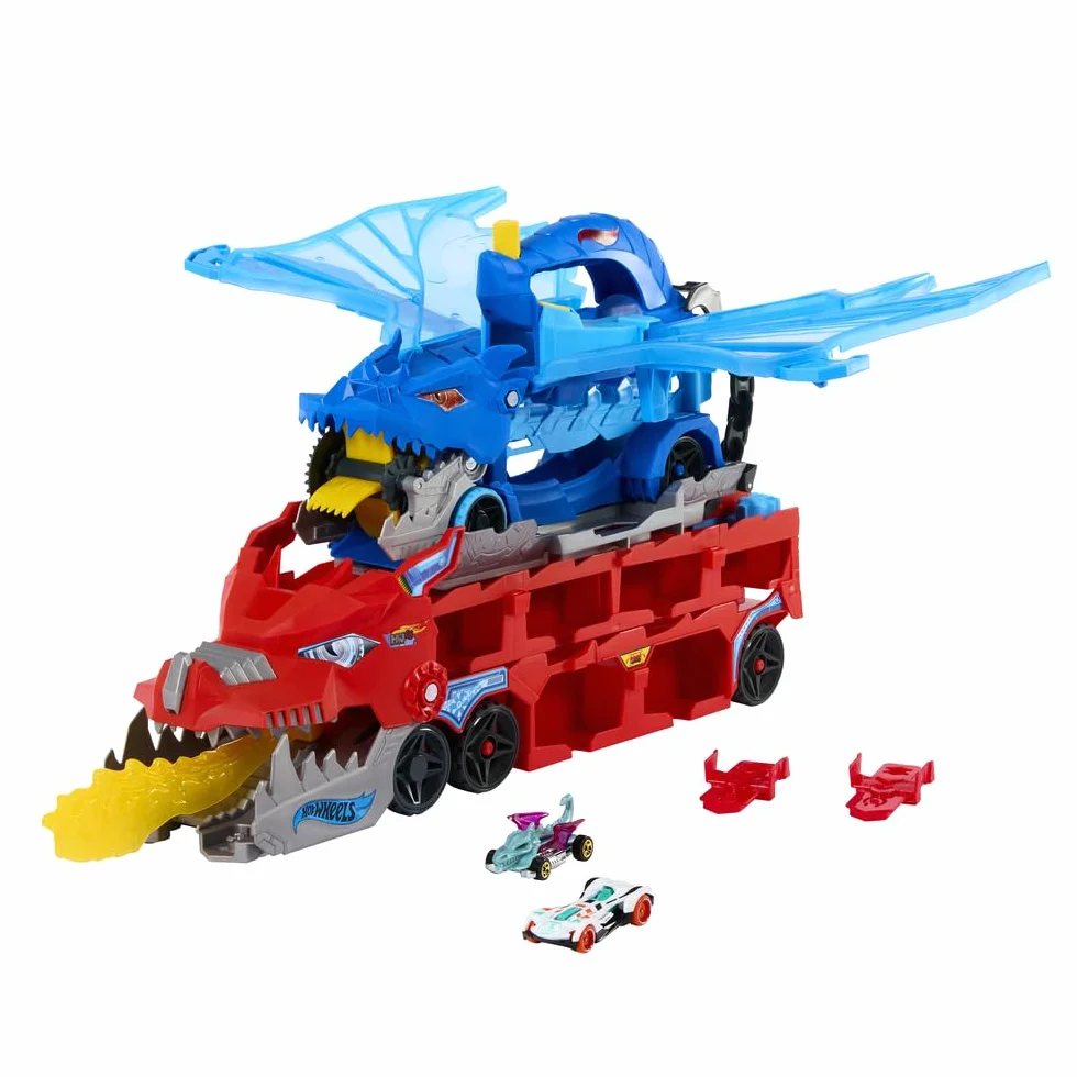 Hot Wheels City Drago Trasportatore Trasformabile e 2 macchinine Die-Cast, Drago di Grandi Dimensioni e Drago Rimovibile, può Contenere più di 20 Veicoli, JBM72